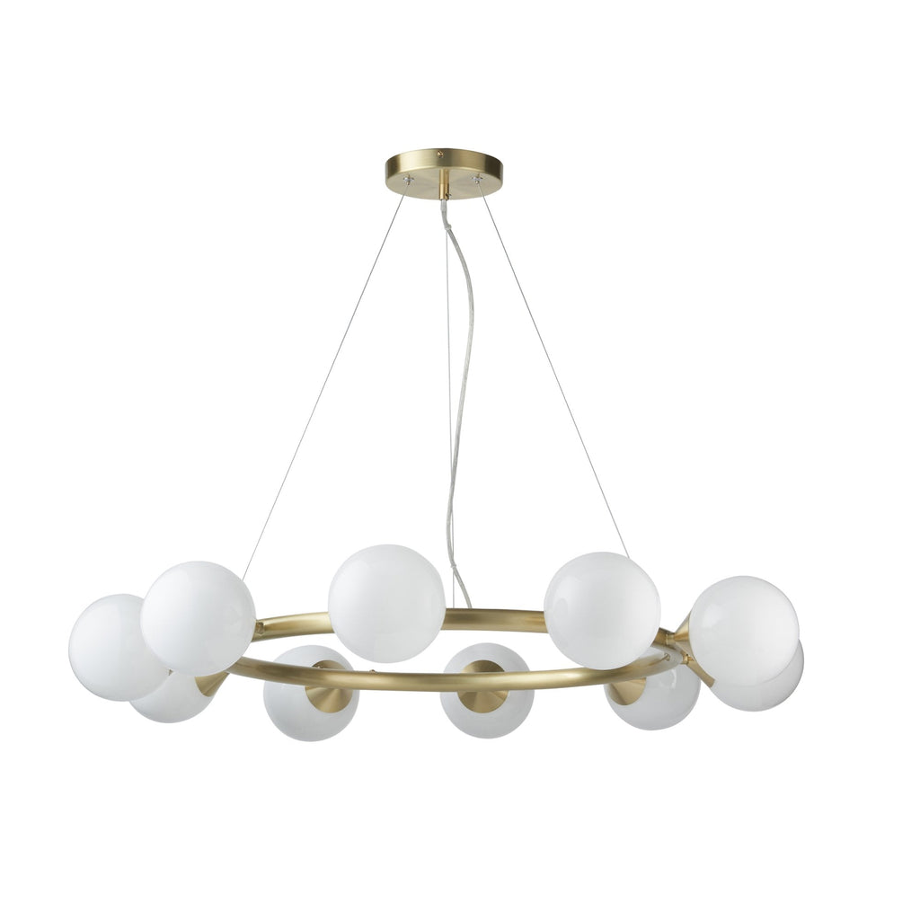 106008 Pendant 10 Light Satin Brass Plate And Gloss White Glass