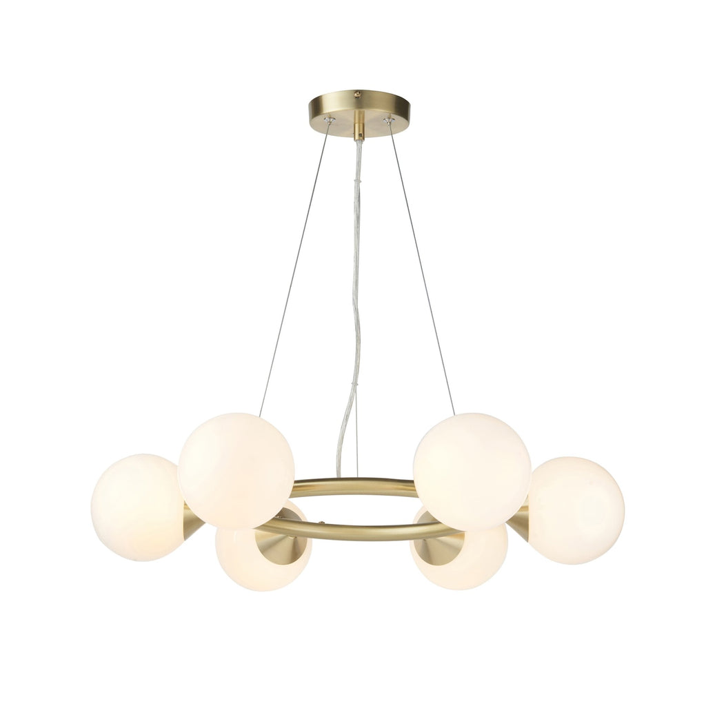 106390 Pendant 6 Light Satin Brass Plate And Gloss White Glass