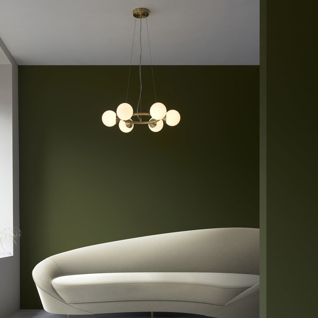 106390 Pendant 6 Light Satin Brass Plate And Gloss White Glass
