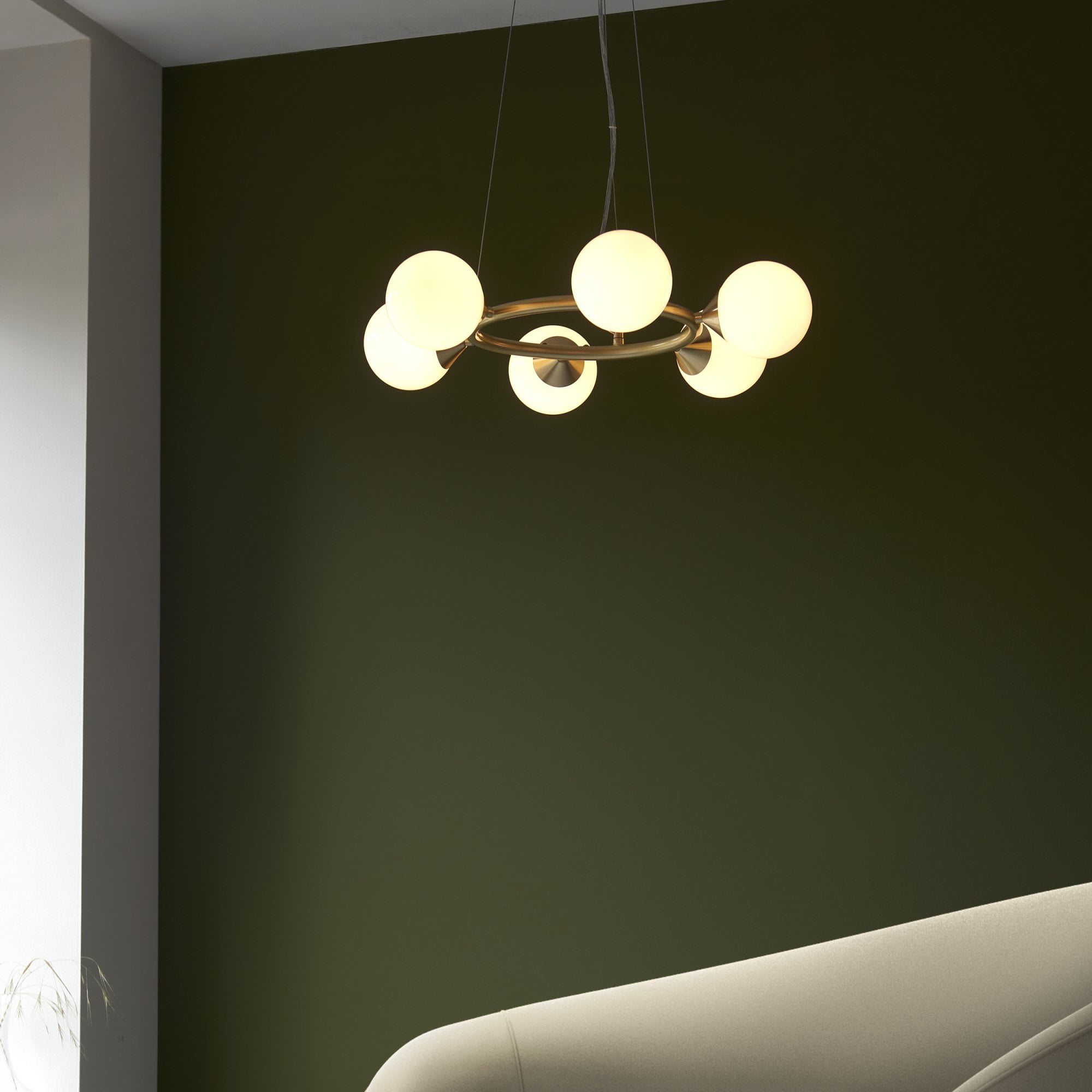 106390 Pendant 6 Light Satin Brass Plate And Gloss White Glass