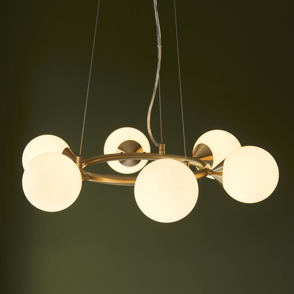 106390 Pendant 6 Light Satin Brass Plate And Gloss White Glass