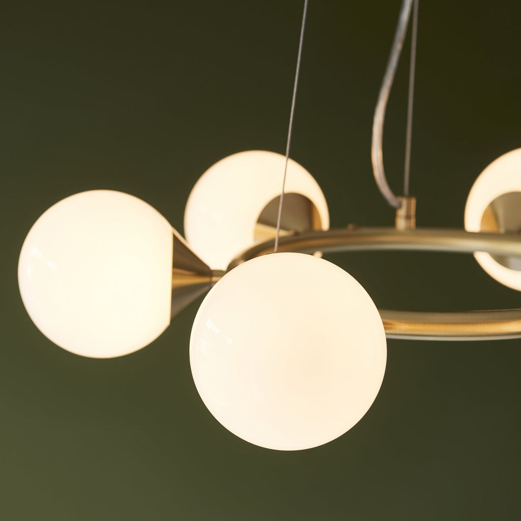 106390 Pendant 6 Light Satin Brass Plate And Gloss White Glass
