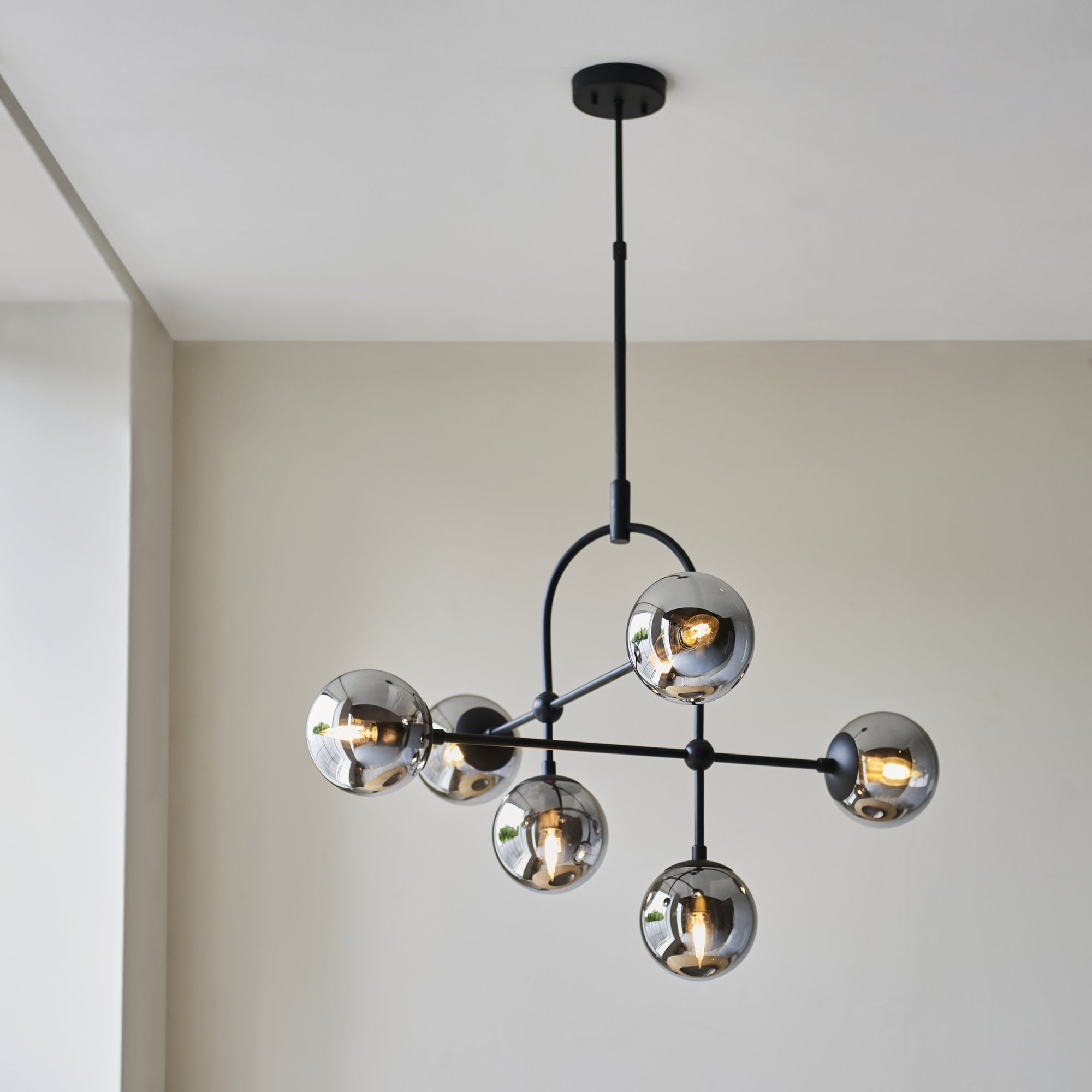 106661 Semi Flush Ceiling 6 Light Matt Black And Smoked Mirror Glass
