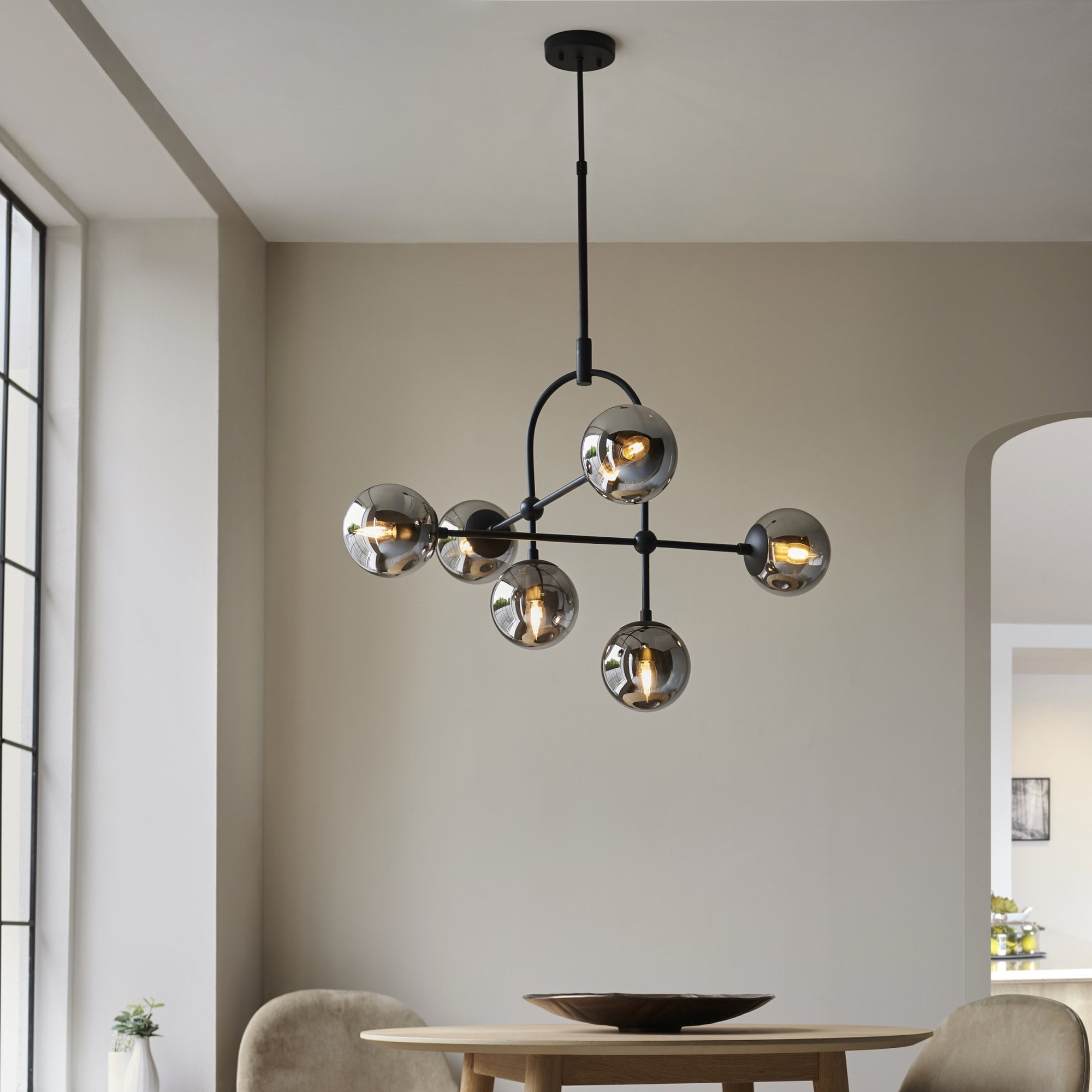 106661 Semi Flush Ceiling 6 Light Matt Black And Smoked Mirror Glass