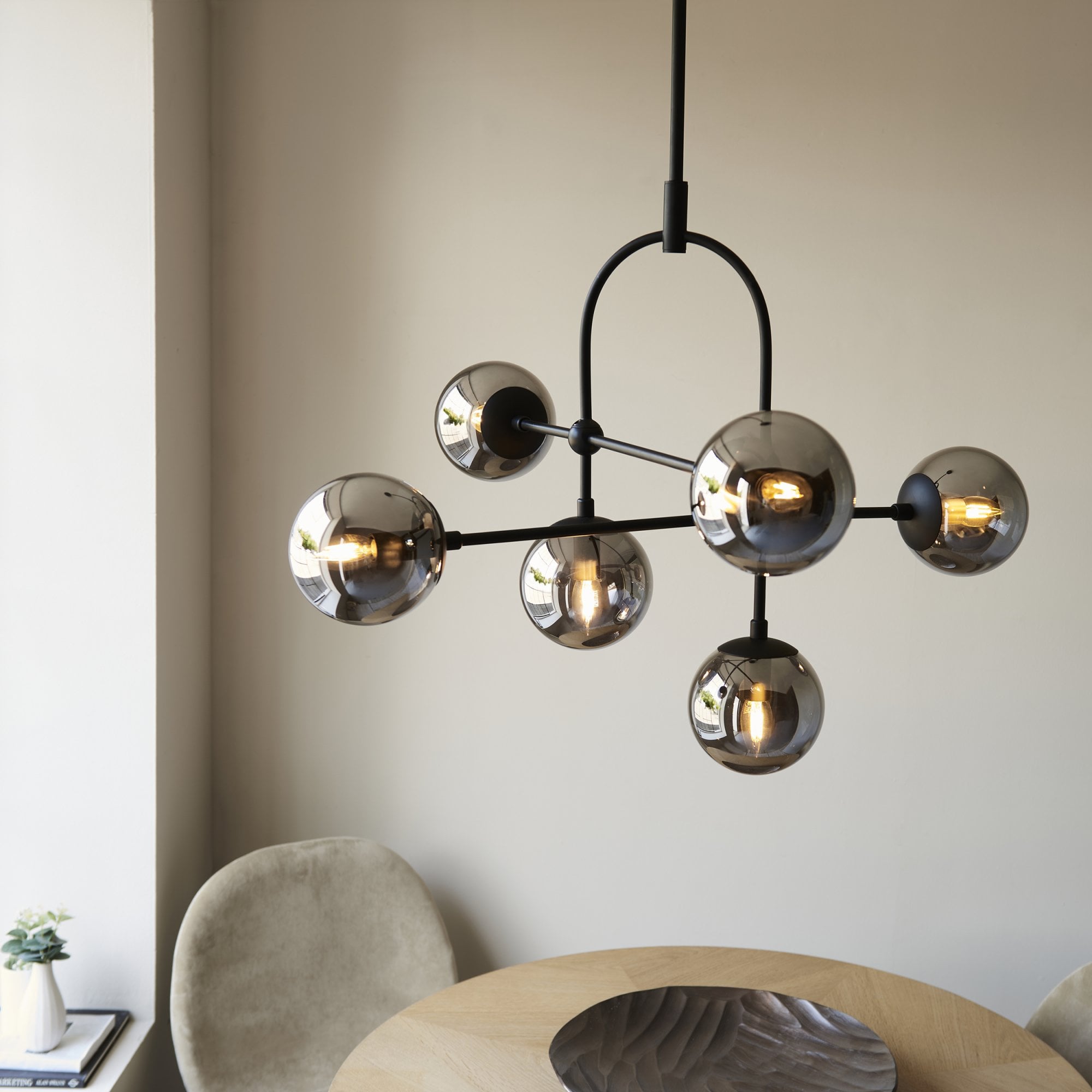 106661 Semi Flush Ceiling 6 Light Matt Black And Smoked Mirror Glass