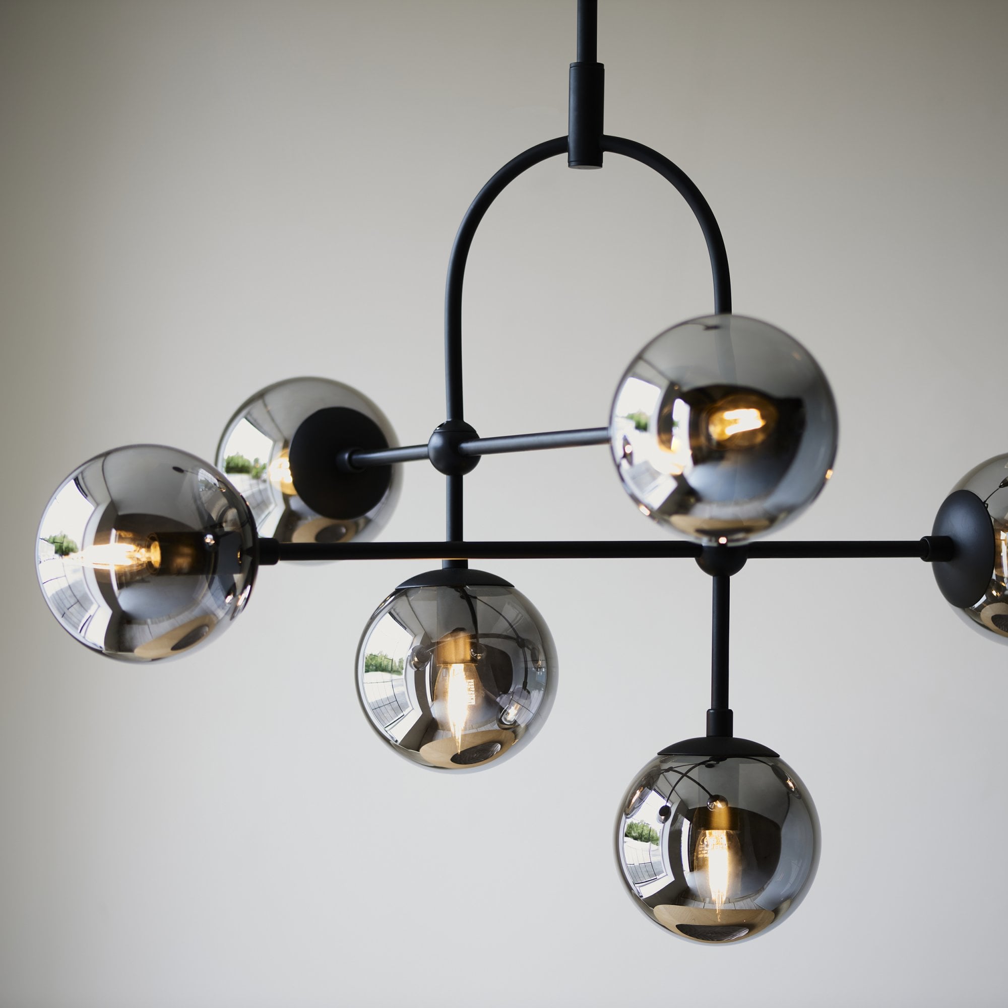 106661 Semi Flush Ceiling 6 Light Matt Black And Smoked Mirror Glass