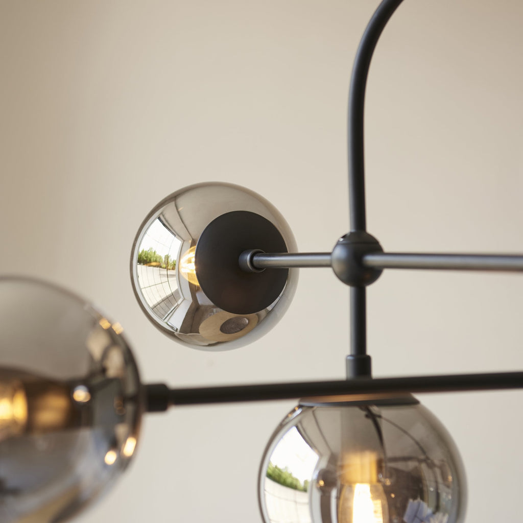 106661 Semi Flush Ceiling 6 Light Matt Black And Smoked Mirror Glass