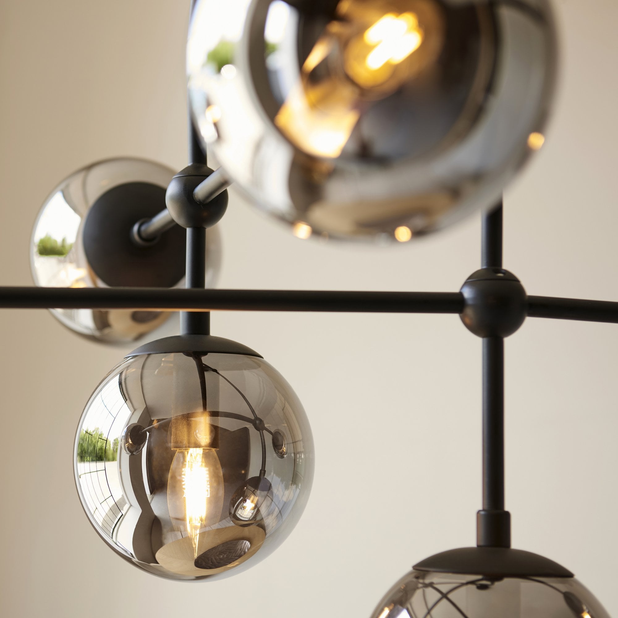 106661 Semi Flush Ceiling 6 Light Matt Black And Smoked Mirror Glass