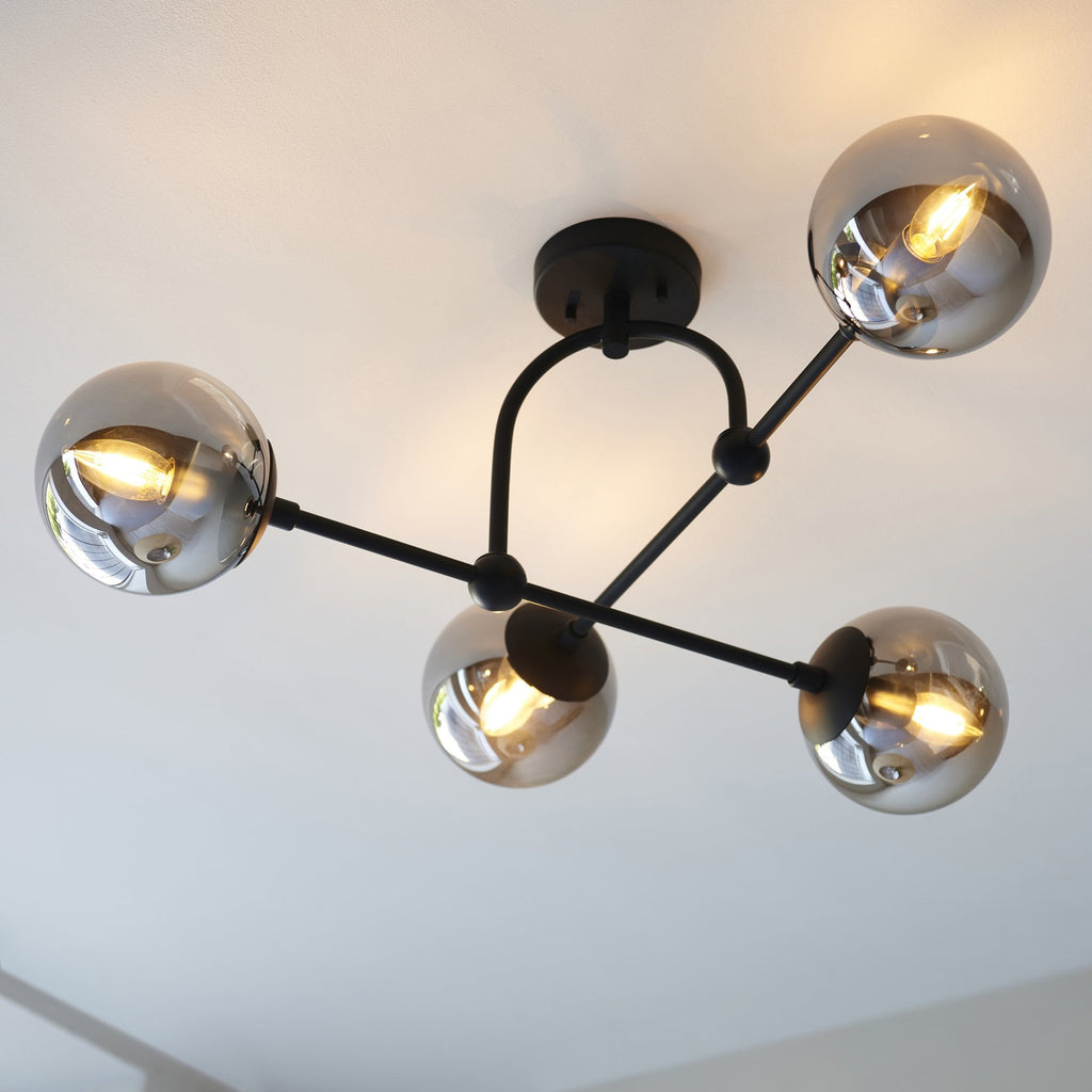 106662 Semi Flush Ceiling 4 Light Matt Black And Smoked Mirror Glass