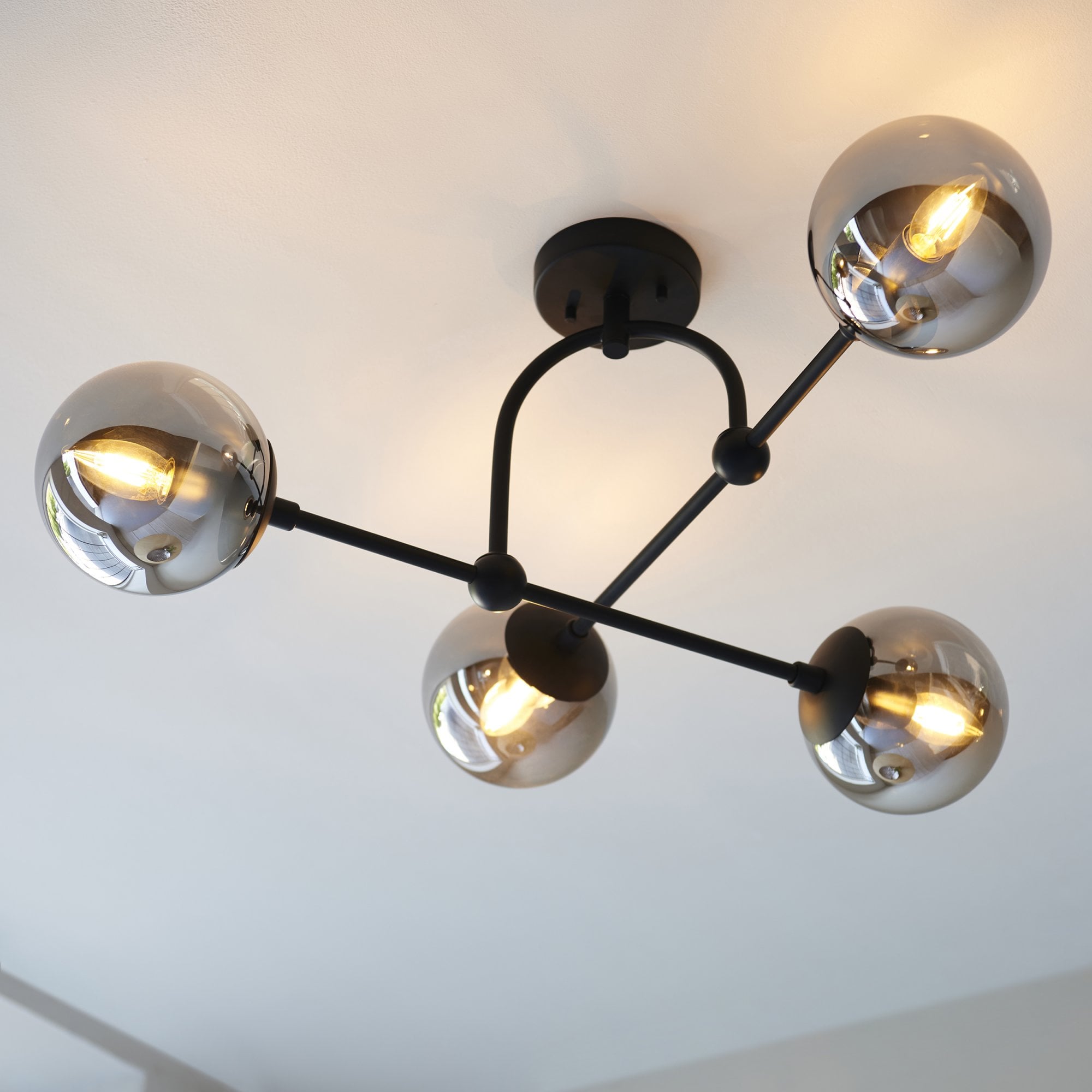 106662 Semi Flush Ceiling 4 Light Matt Black And Smoked Mirror Glass