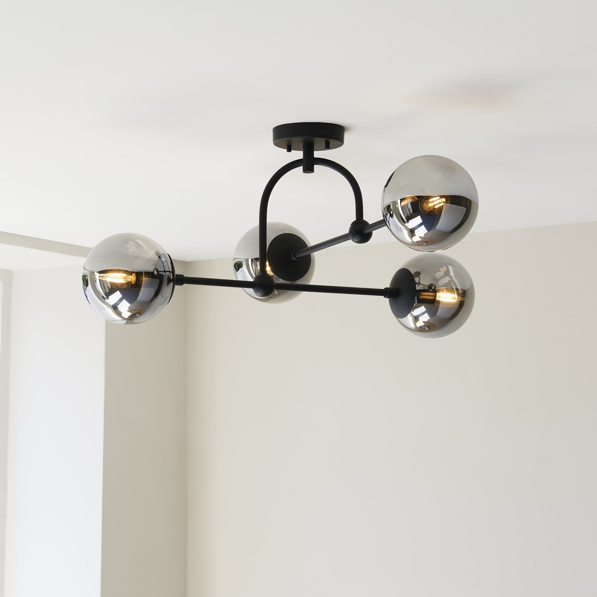 106662 Semi Flush Ceiling 4 Light Matt Black And Smoked Mirror Glass