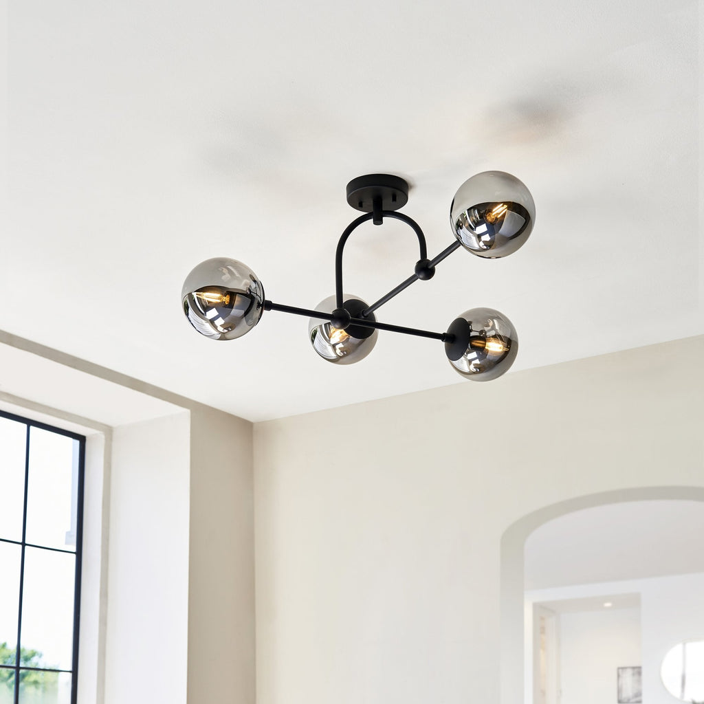 106662 Semi Flush Ceiling 4 Light Matt Black And Smoked Mirror Glass