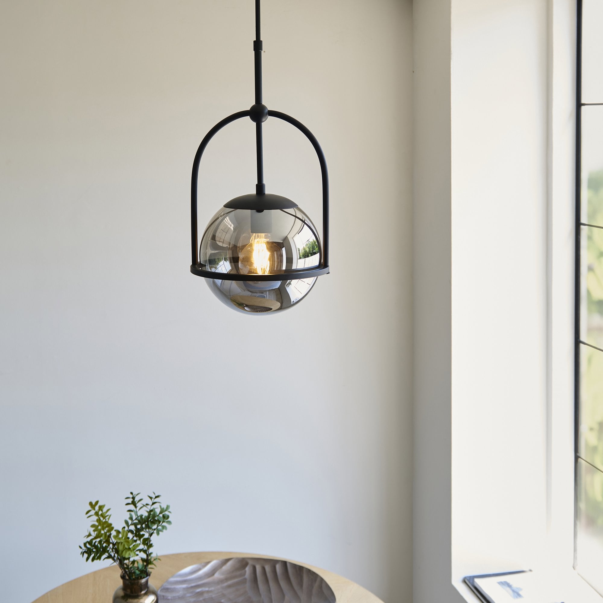 106663 Pendant 1 Light Matt Black And Smoked Mirror Glass