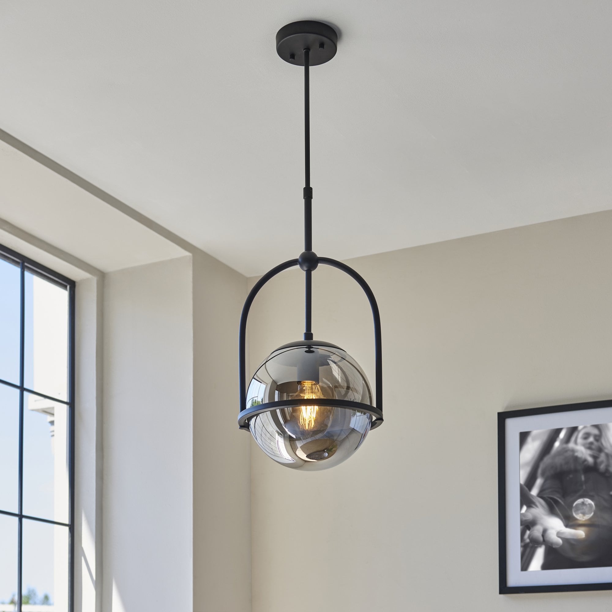 106663 Pendant 1 Light Matt Black And Smoked Mirror Glass