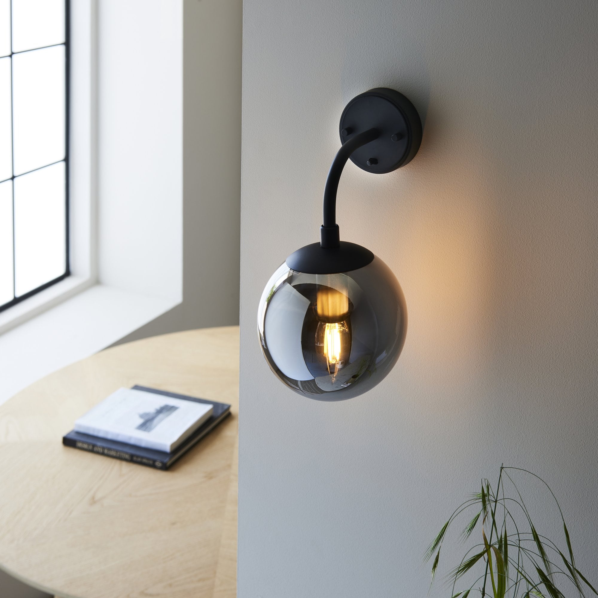 106664 Wall 1 Light Matt Black And Smoked Mirror Glass