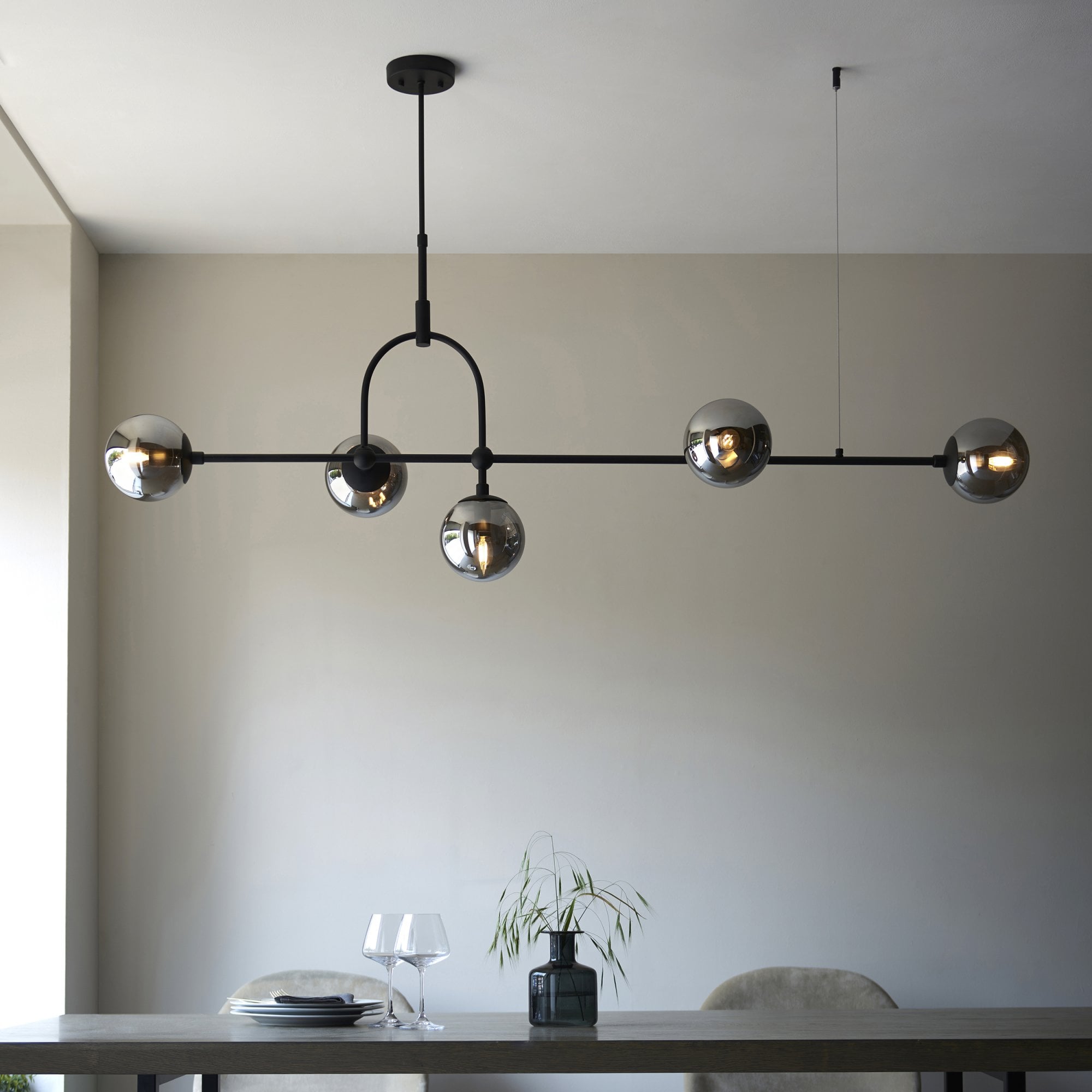 106665 Pendant 5 Light Matt Black And Smoked Mirror Glass