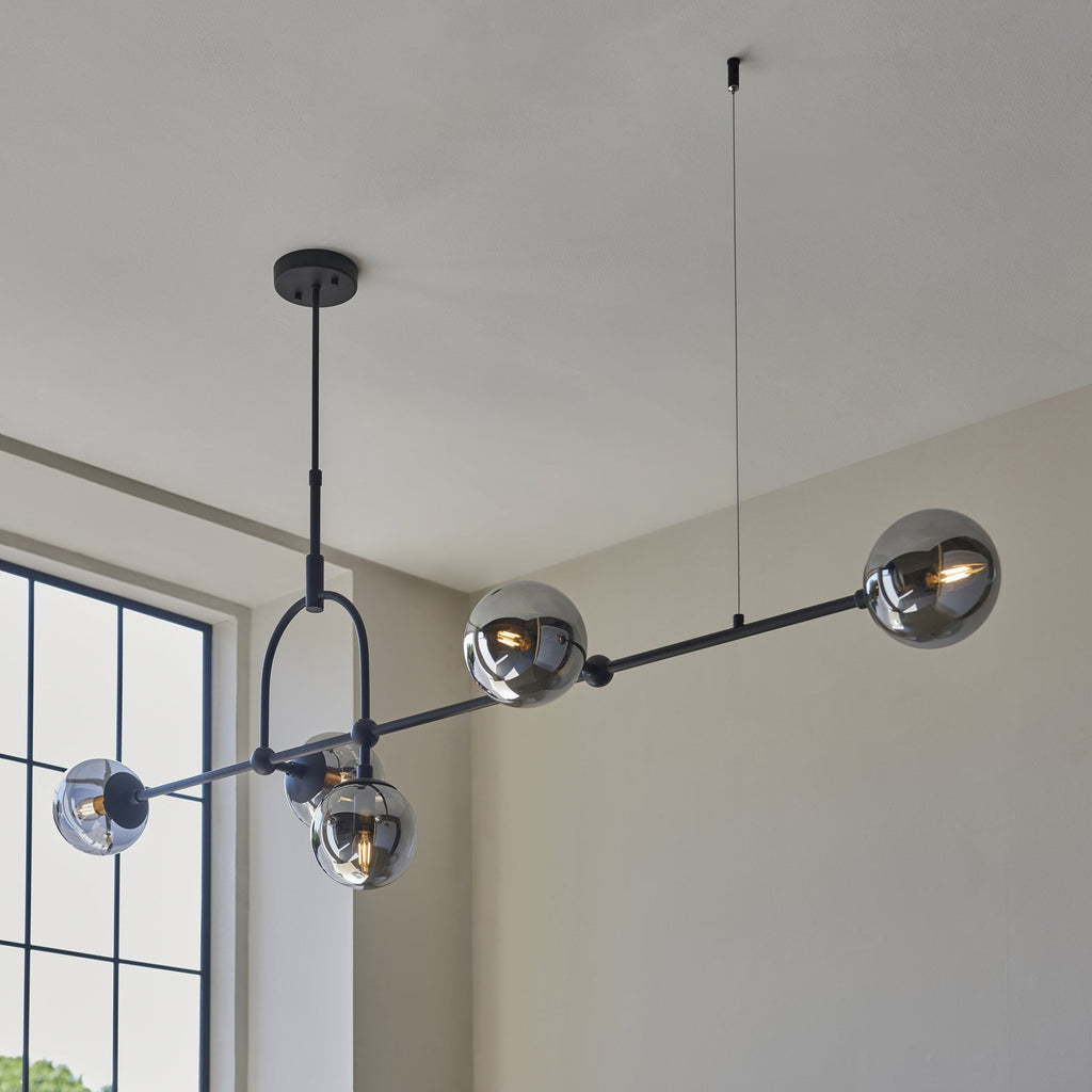 106665 Pendant 5 Light Matt Black And Smoked Mirror Glass
