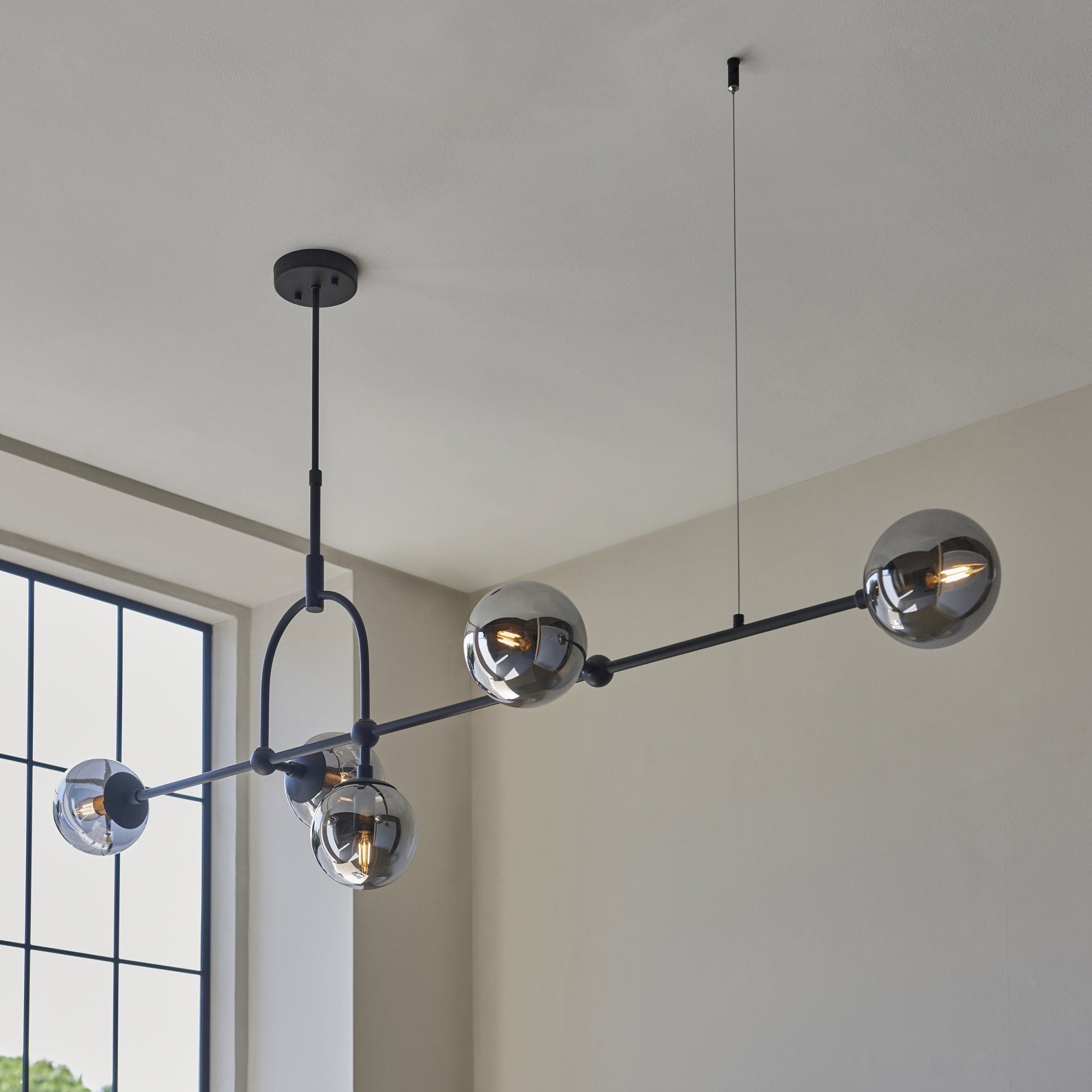 106665 Pendant 5 Light Matt Black And Smoked Mirror Glass