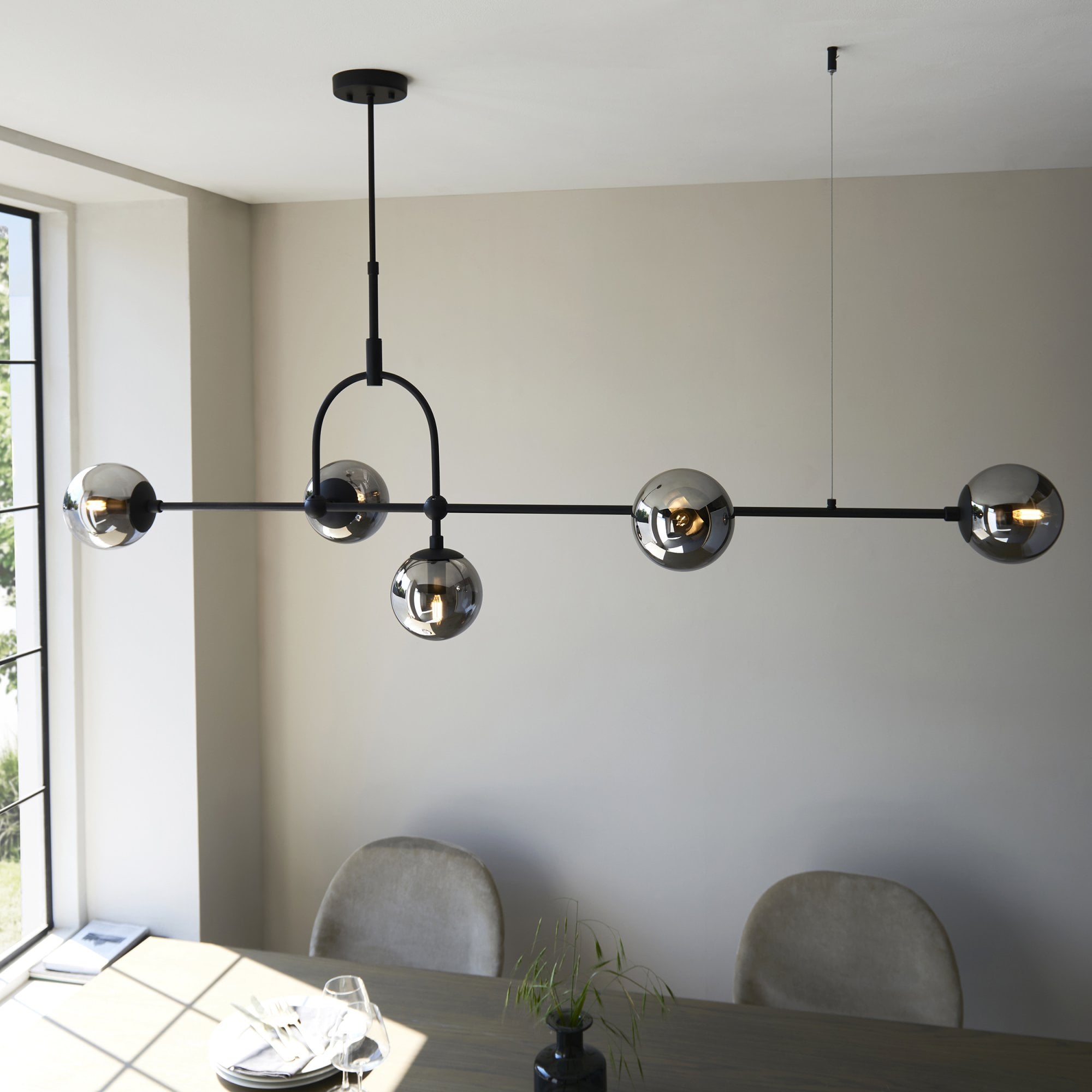 106665 Pendant 5 Light Matt Black And Smoked Mirror Glass