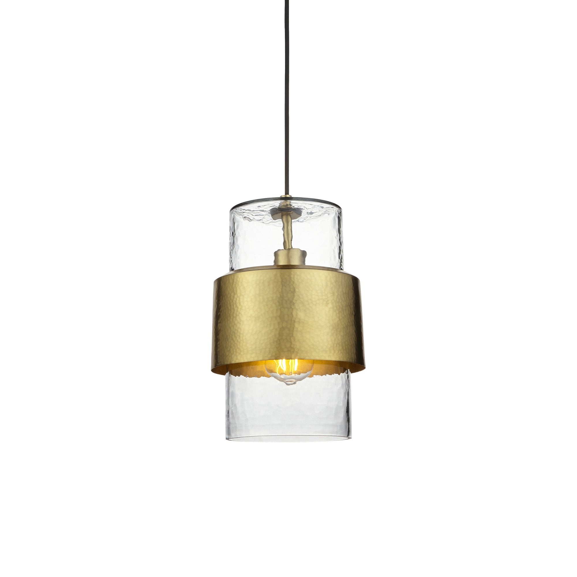106718 Pendant 1 Light Hammered Brass Plate And Textured Clear Glass