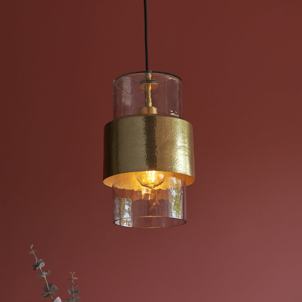 106718 Pendant 1 Light Hammered Brass Plate And Textured Clear Glass