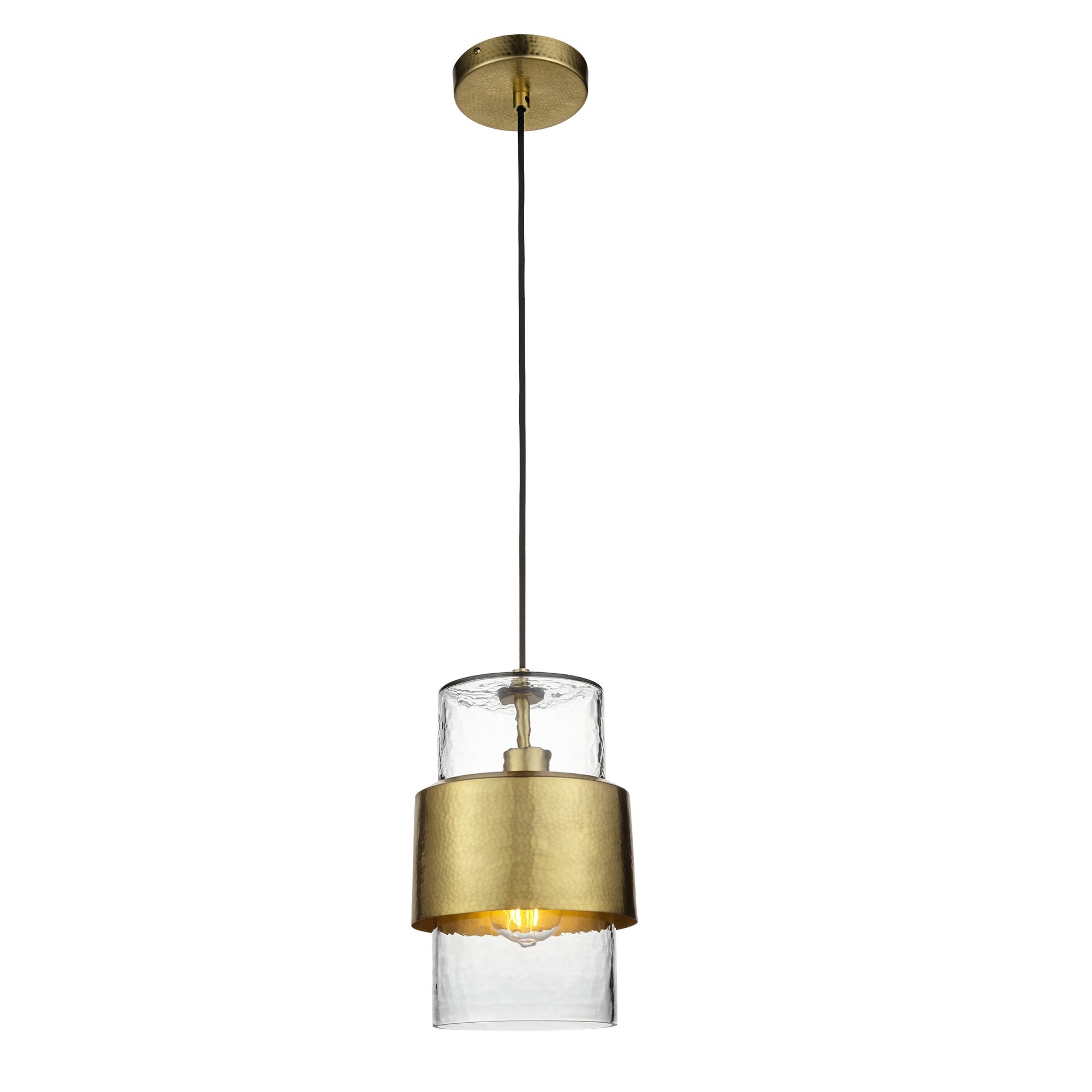 106718 Pendant 1 Light Hammered Brass Plate And Textured Clear Glass