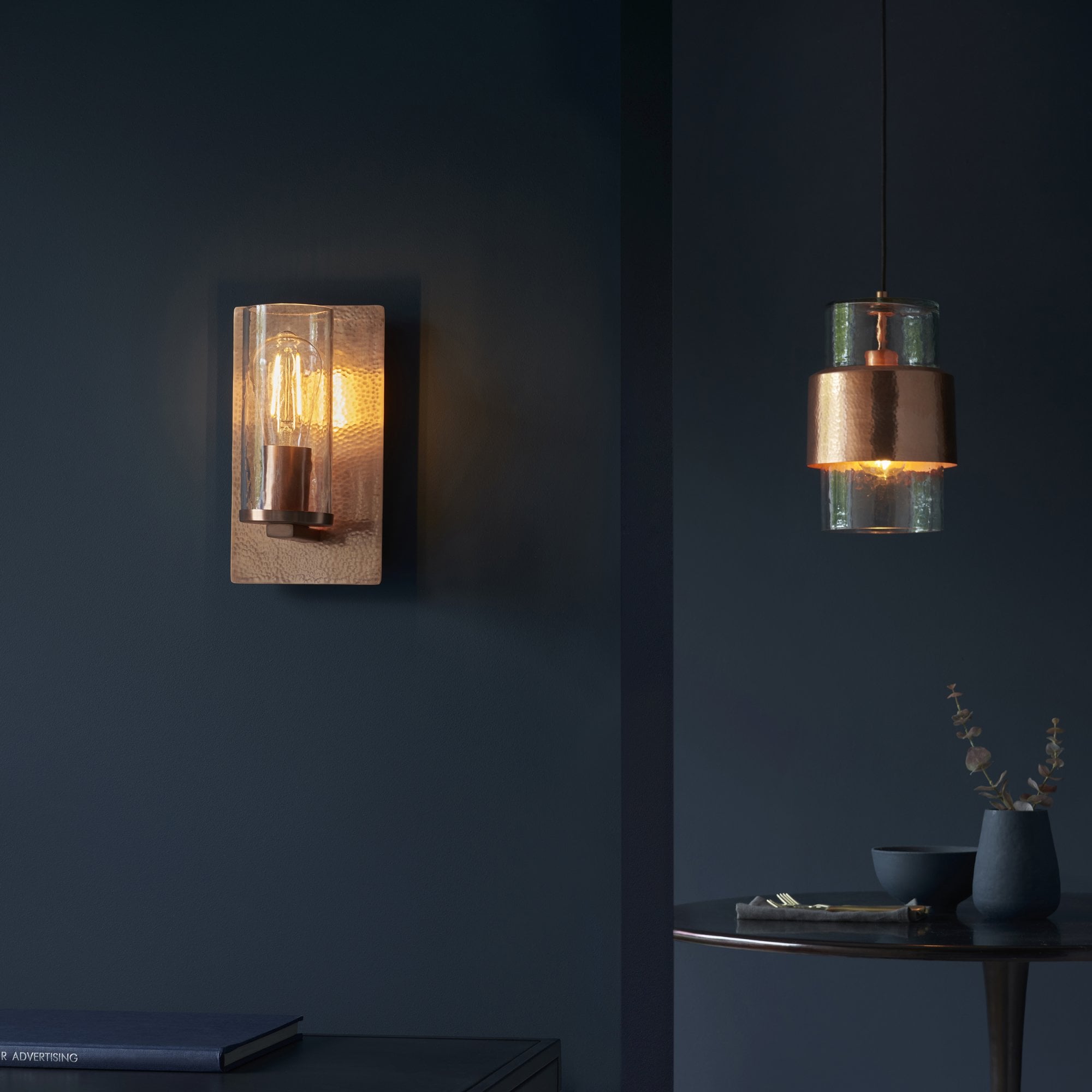 106720 Pendant 1 Light Hammered Copper Plate And Textured Clear Glass