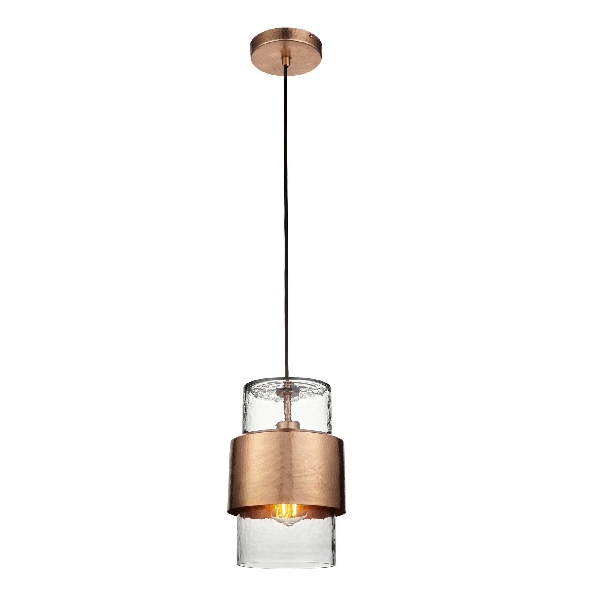 106720 Pendant 1 Light Hammered Copper Plate And Textured Clear Glass