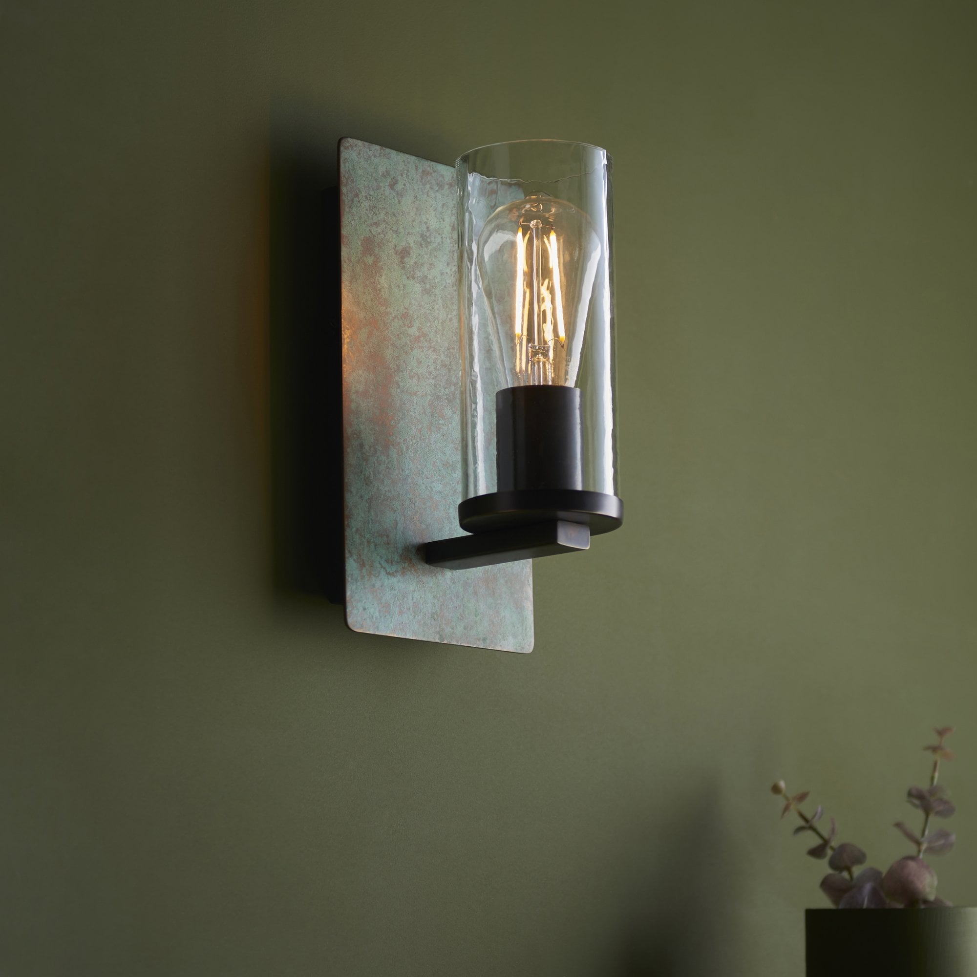 106721 Wall 1 Light Verdigris Bronze Plate And Clear Glass