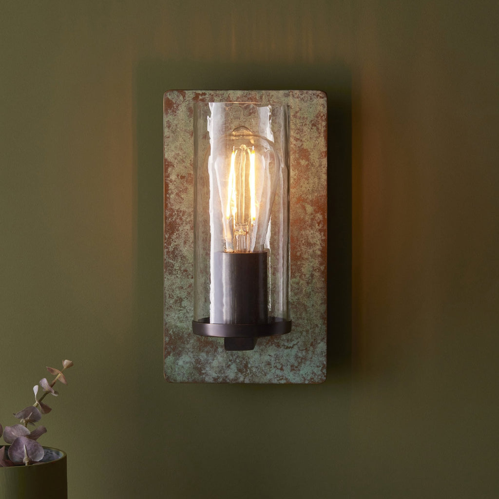 106721 Wall 1 Light Verdigris Bronze Plate And Clear Glass