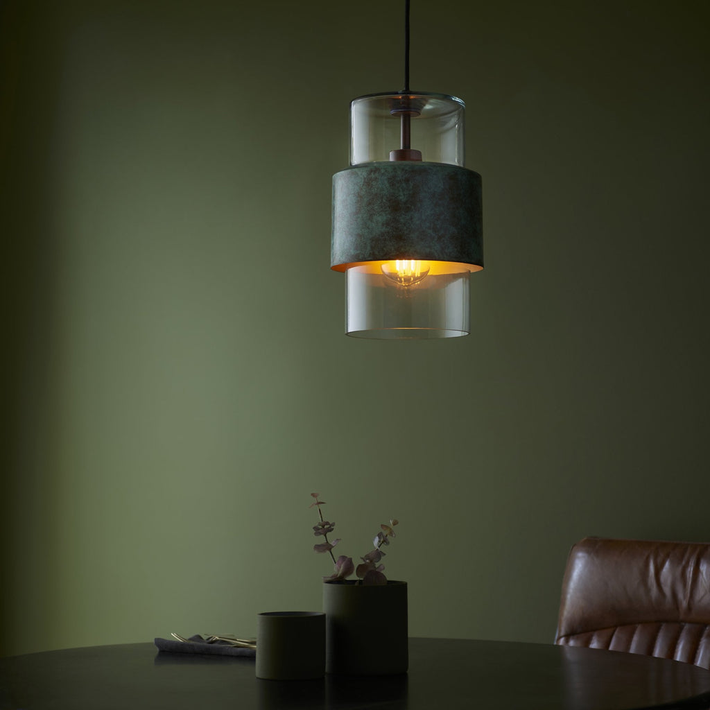 106722 Pendant 1 Light Verdigris Bronze Plate And Clear Glass