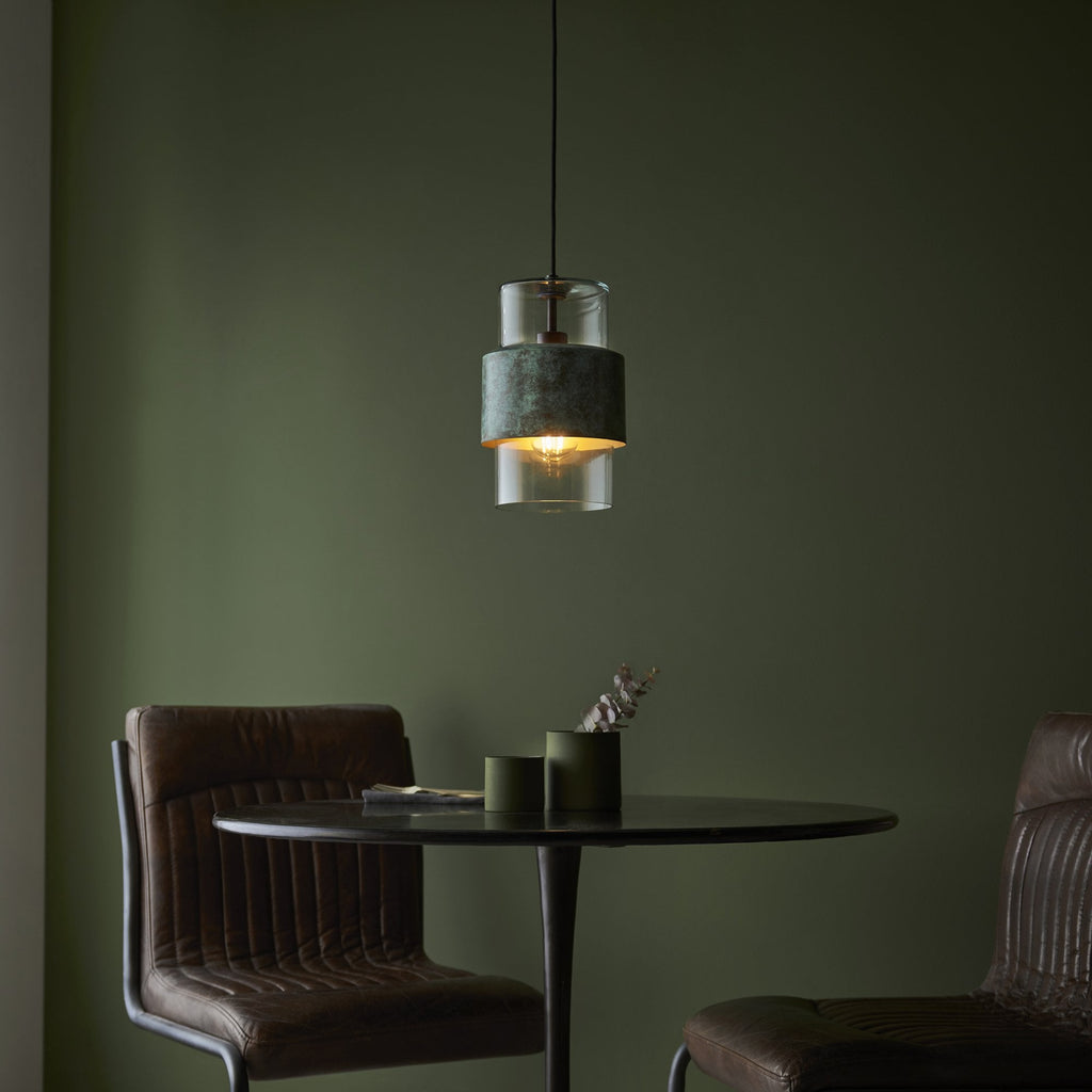 106722 Pendant 1 Light Verdigris Bronze Plate And Clear Glass