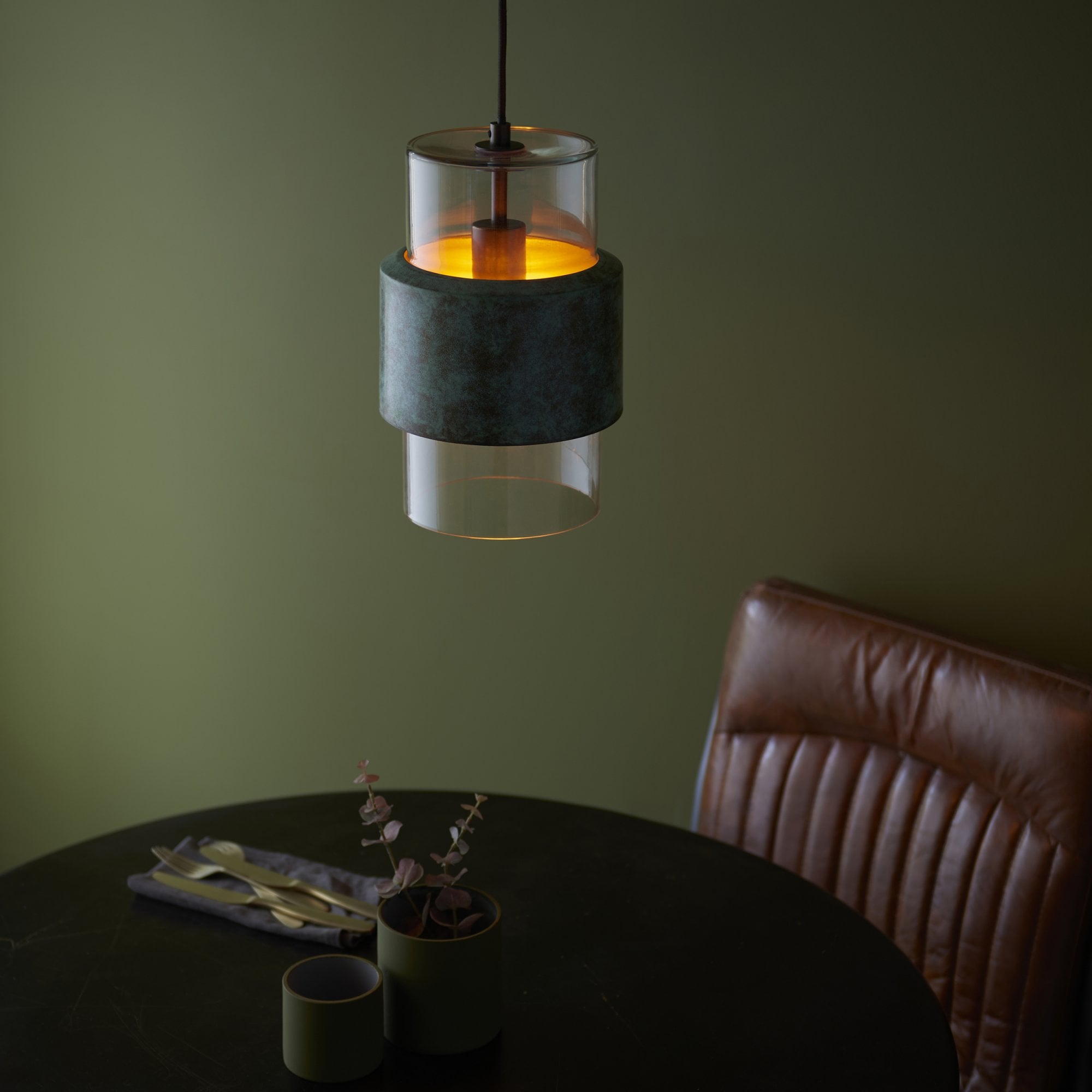 106722 Pendant 1 Light Verdigris Bronze Plate And Clear Glass