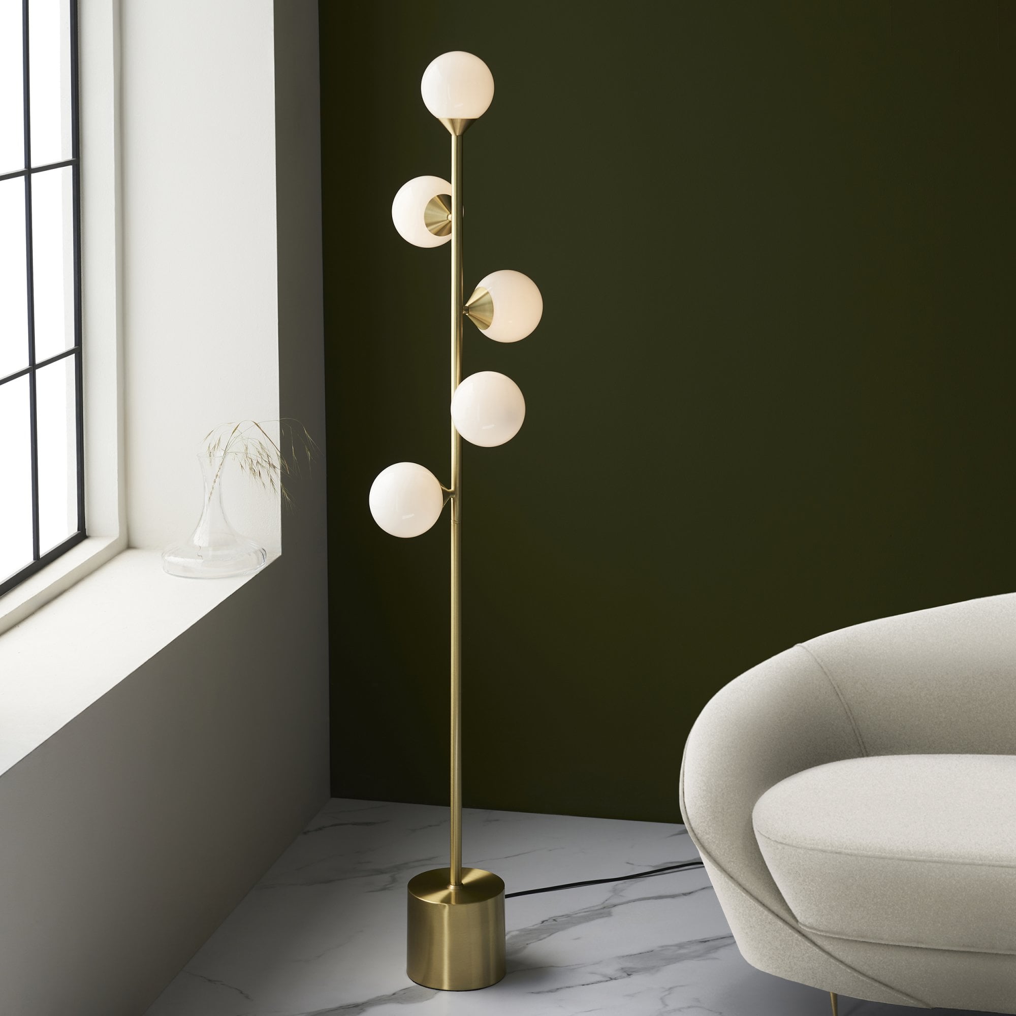106756 Floor Lamp 5 Light Satin Brass Plate And Gloss White Glass