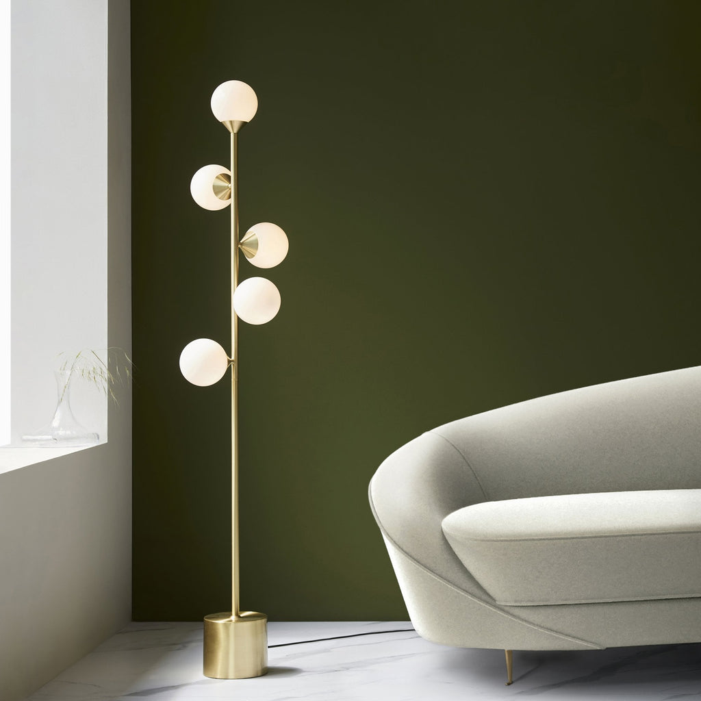 106756 Floor Lamp 5 Light Satin Brass Plate And Gloss White Glass