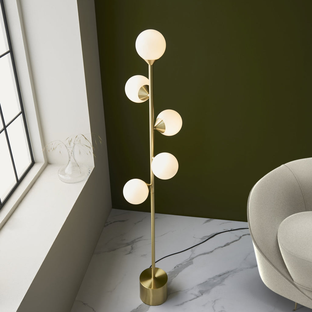 106756 Floor Lamp 5 Light Satin Brass Plate And Gloss White Glass