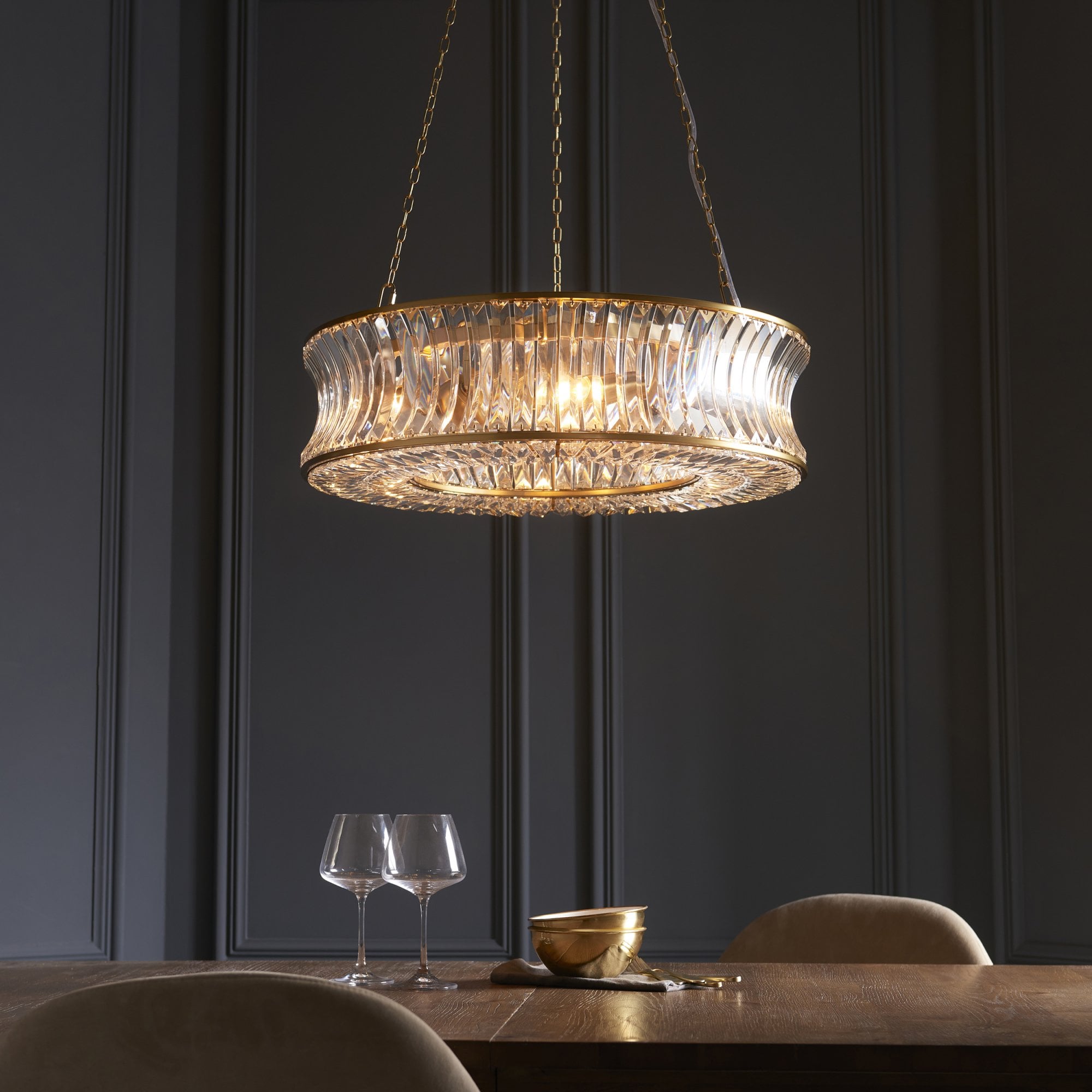 106811 Pendant 6 Light Warm Brass Plate With Crystal And Clear Glass