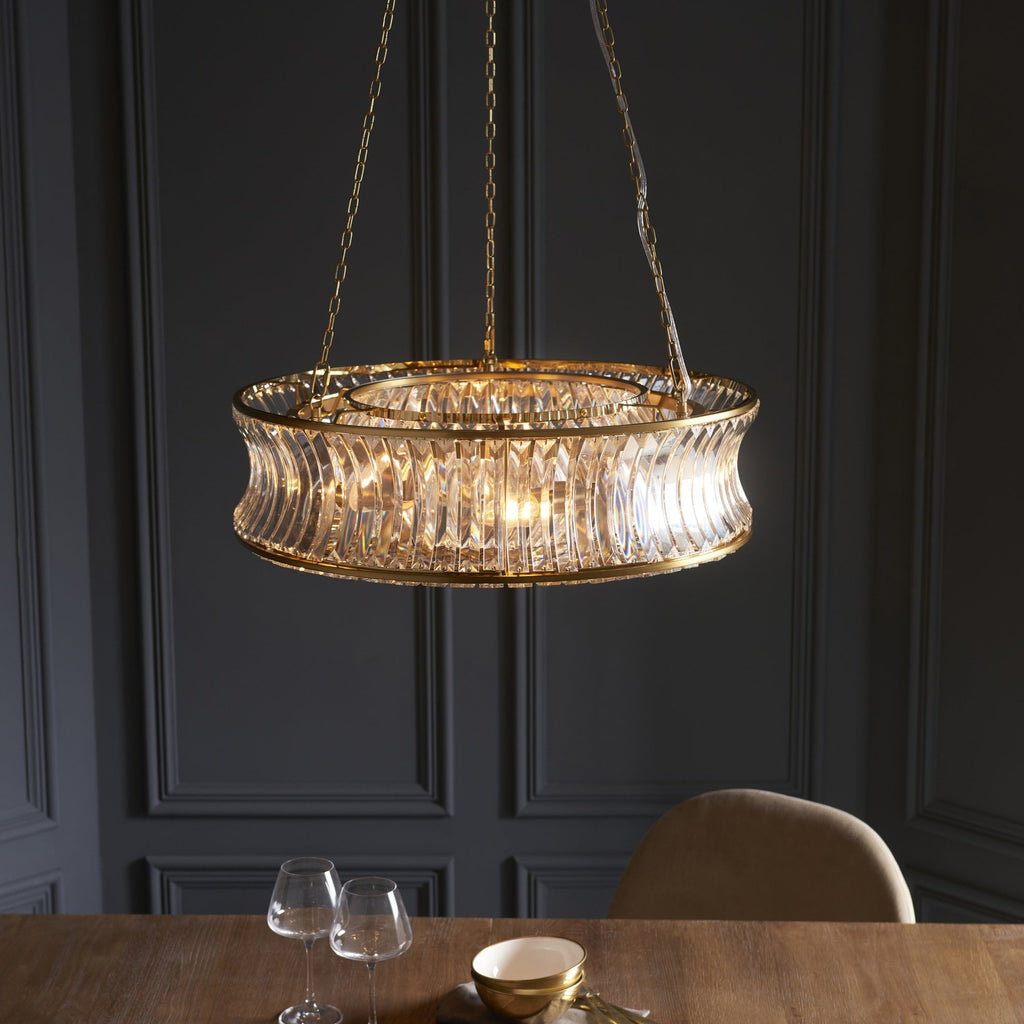 106811 Pendant 6 Light Warm Brass Plate With Crystal And Clear Glass