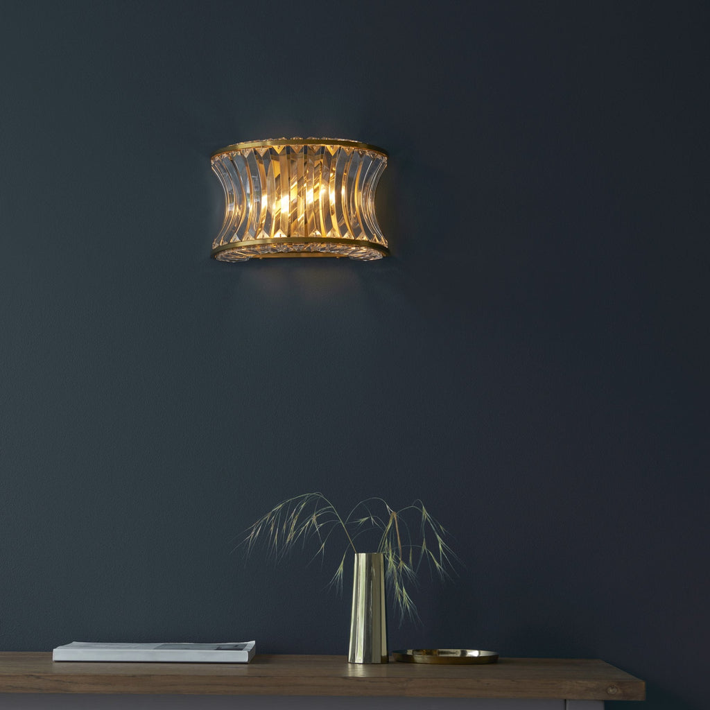 106812 Wall 2 Light Warm Brass Plate With Crystal And Clear Glass