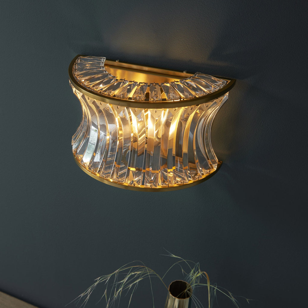 106812 Wall 2 Light Warm Brass Plate With Crystal And Clear Glass