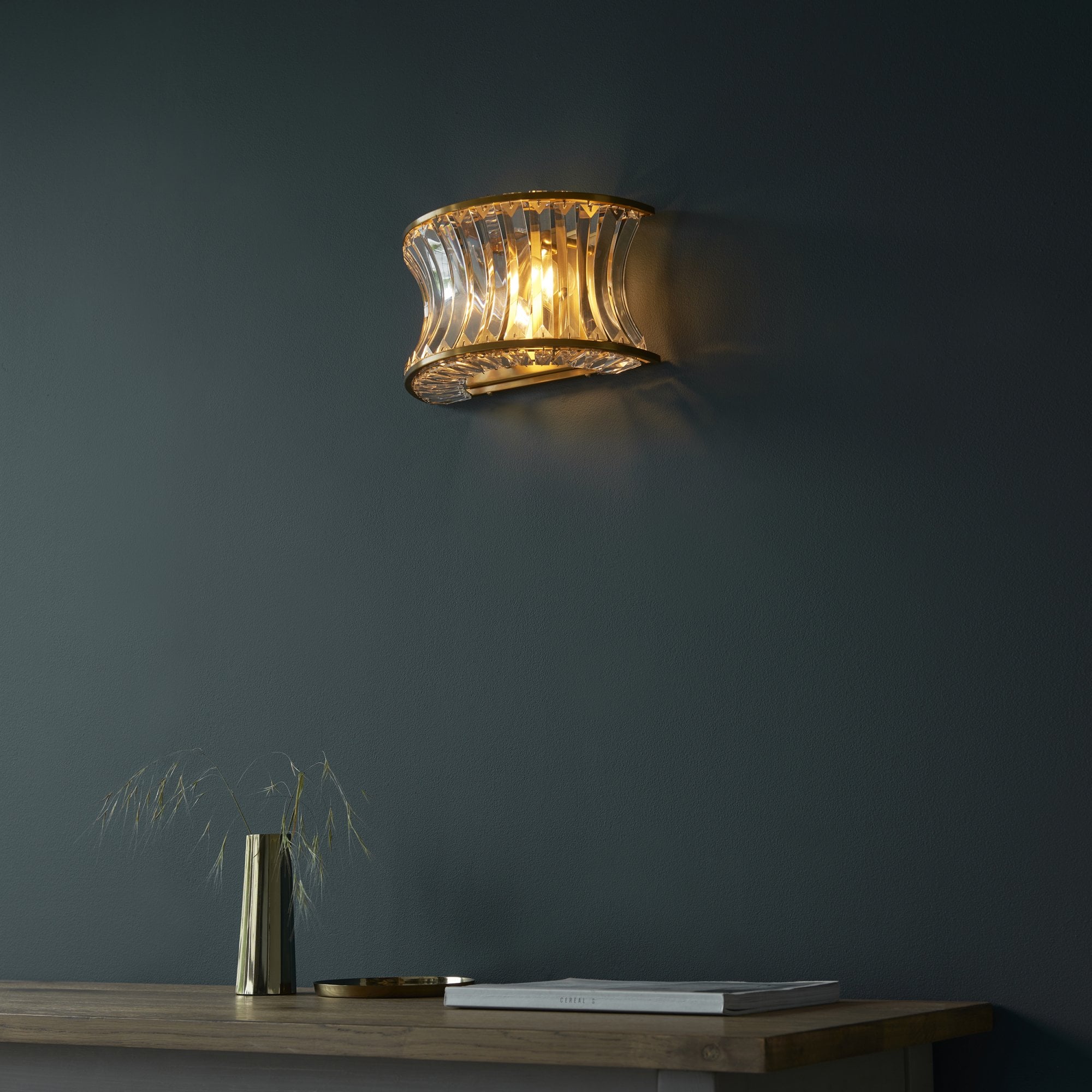 106812 Wall 2 Light Warm Brass Plate With Crystal And Clear Glass