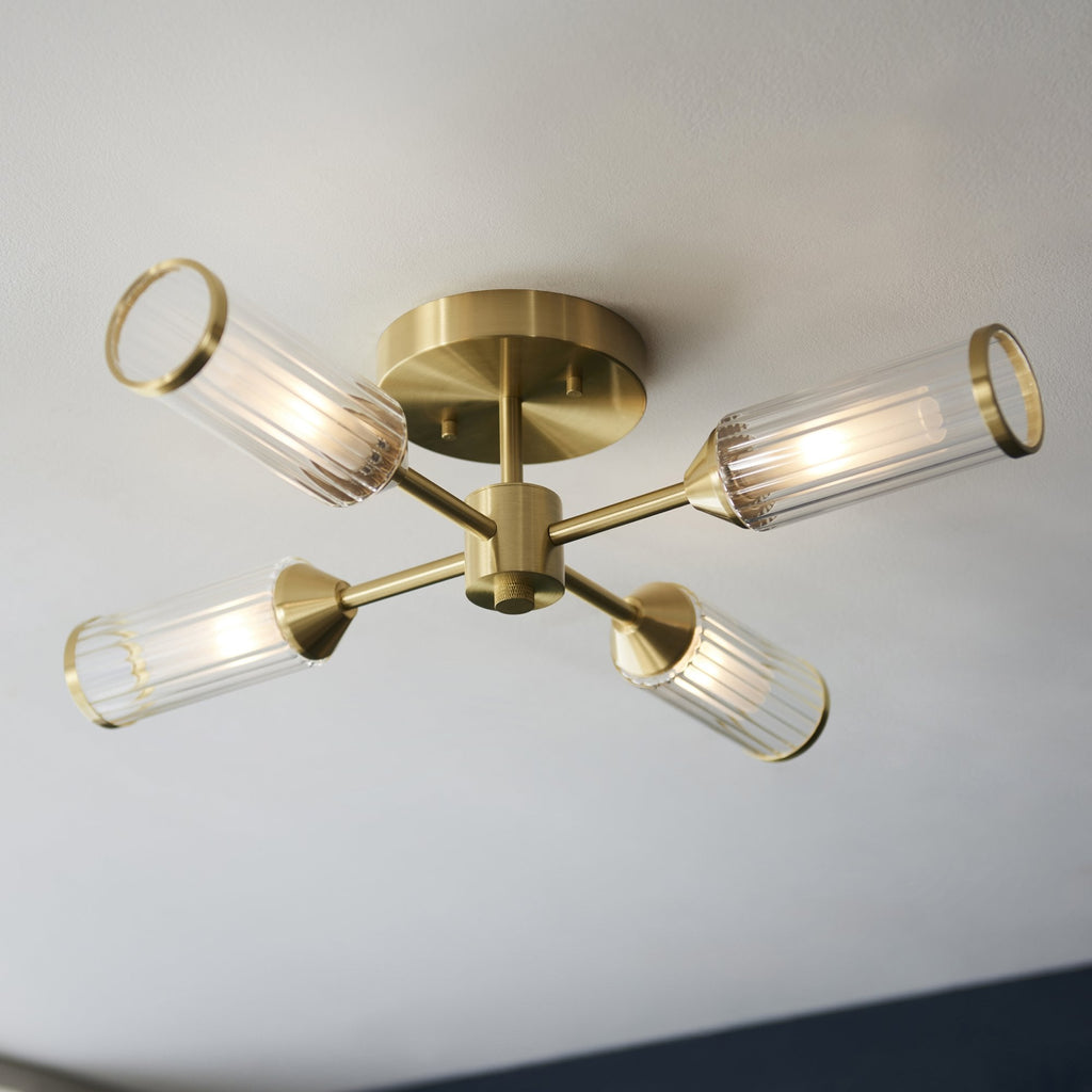106946 Semi Flush Ceiling 4 Light Satin Brass Plate With Clear And Frosted Glass