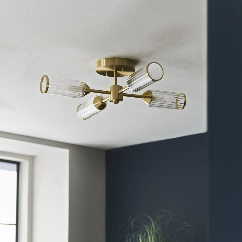 106946 Semi Flush Ceiling 4 Light Satin Brass Plate With Clear And Frosted Glass
