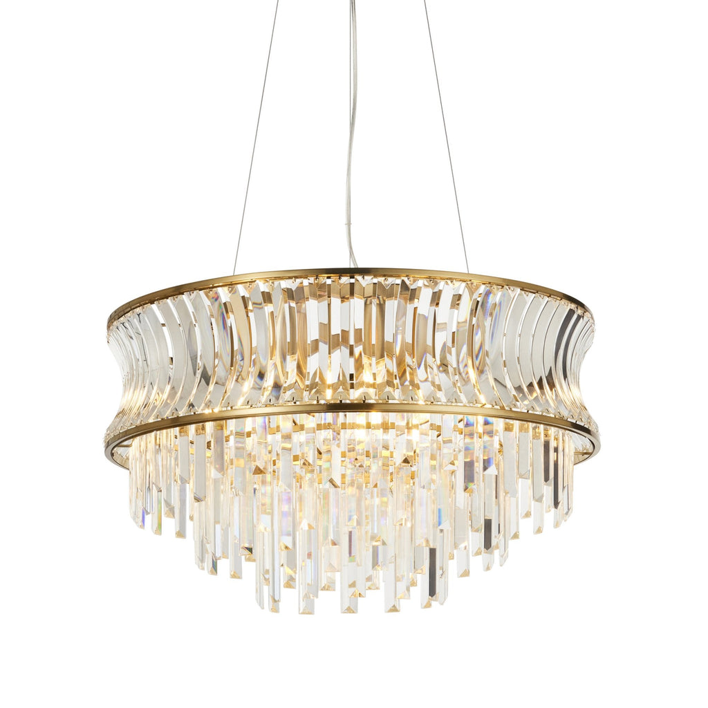 107785 Pendant 9 Light Warm Brass Plate With Crystal And Clear Glass