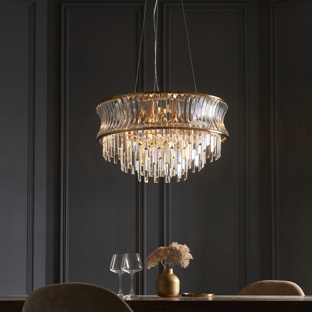 107785 Pendant 9 Light Warm Brass Plate With Crystal And Clear Glass