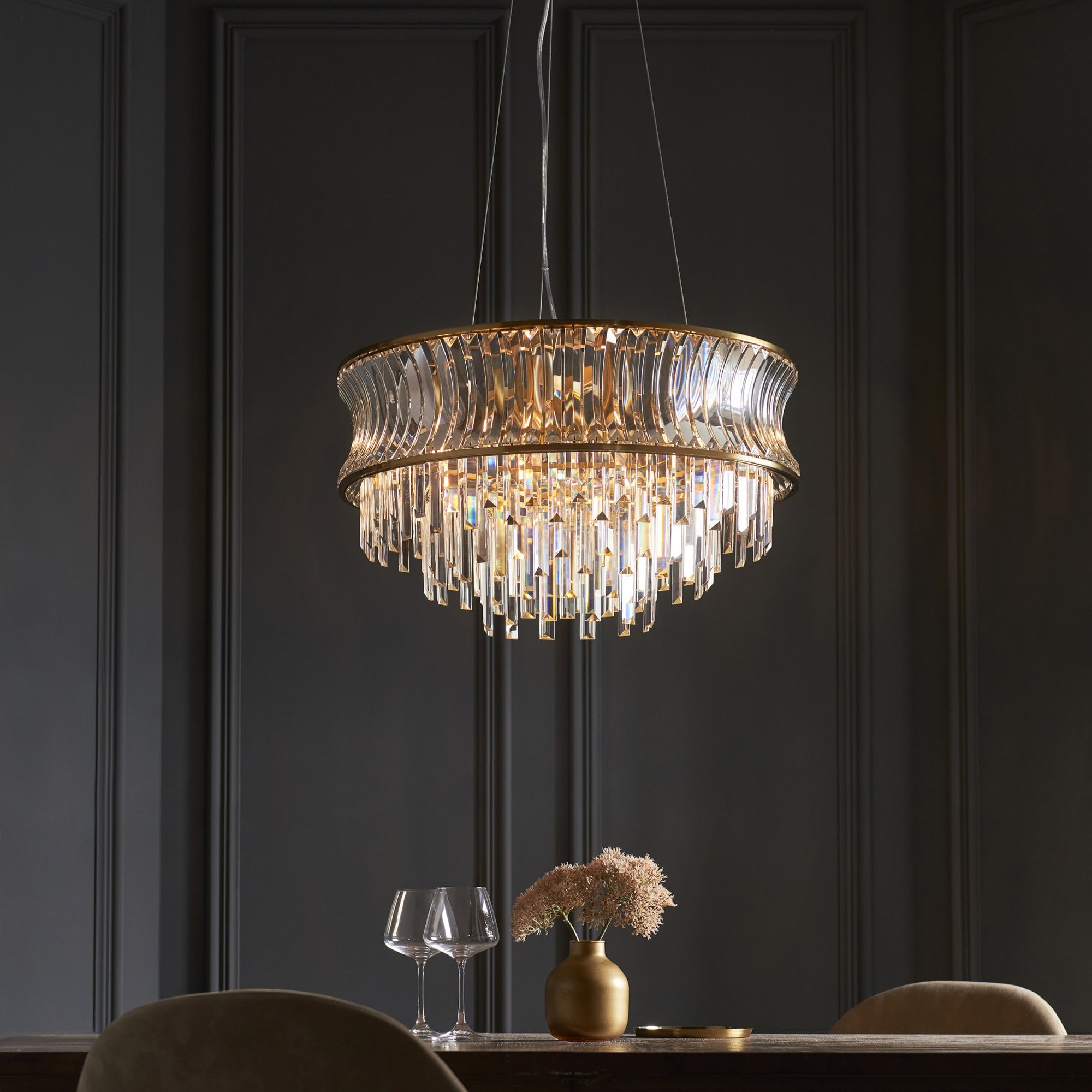 107785 Pendant 9 Light Warm Brass Plate With Crystal And Clear Glass