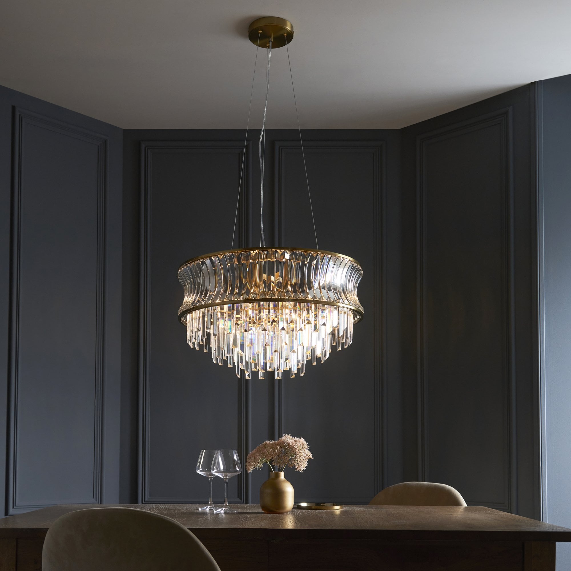 107785 Pendant 9 Light Warm Brass Plate With Crystal And Clear Glass
