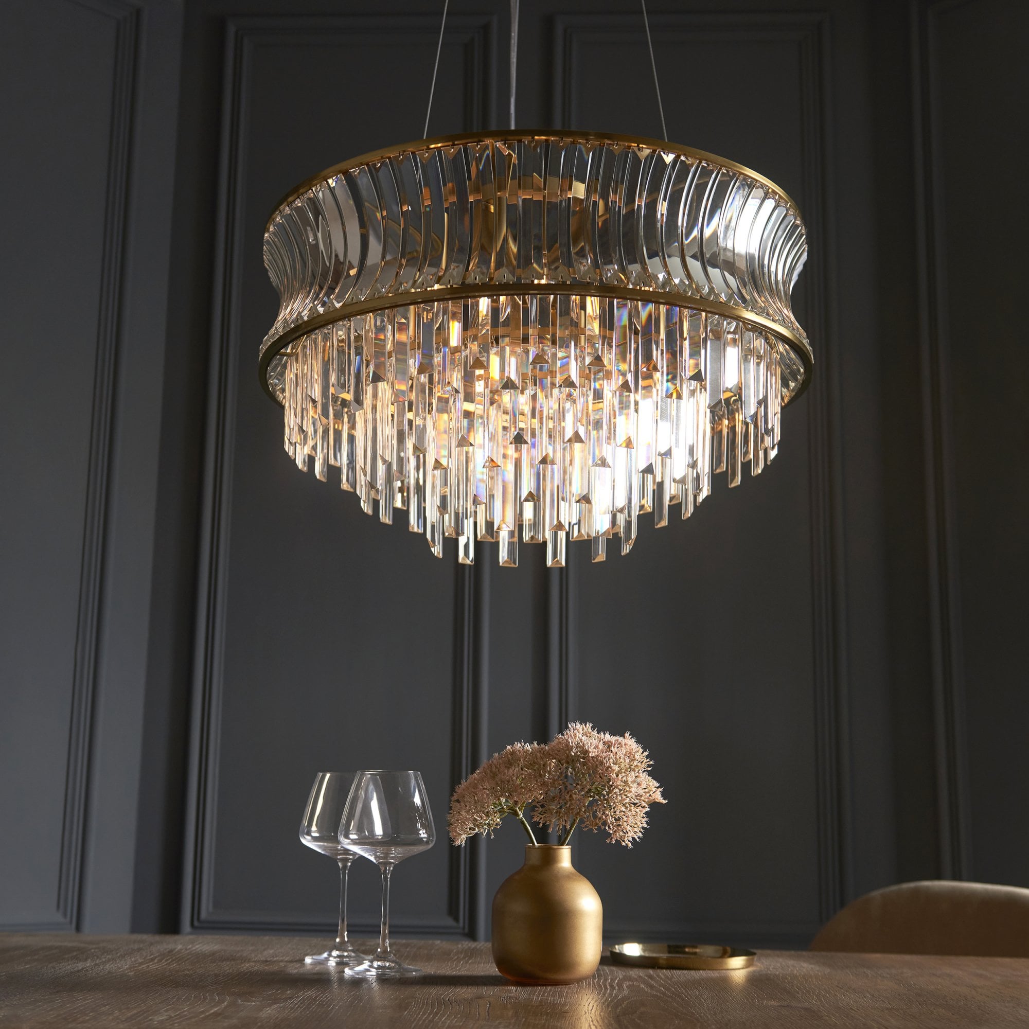 107785 Pendant 9 Light Warm Brass Plate With Crystal And Clear Glass