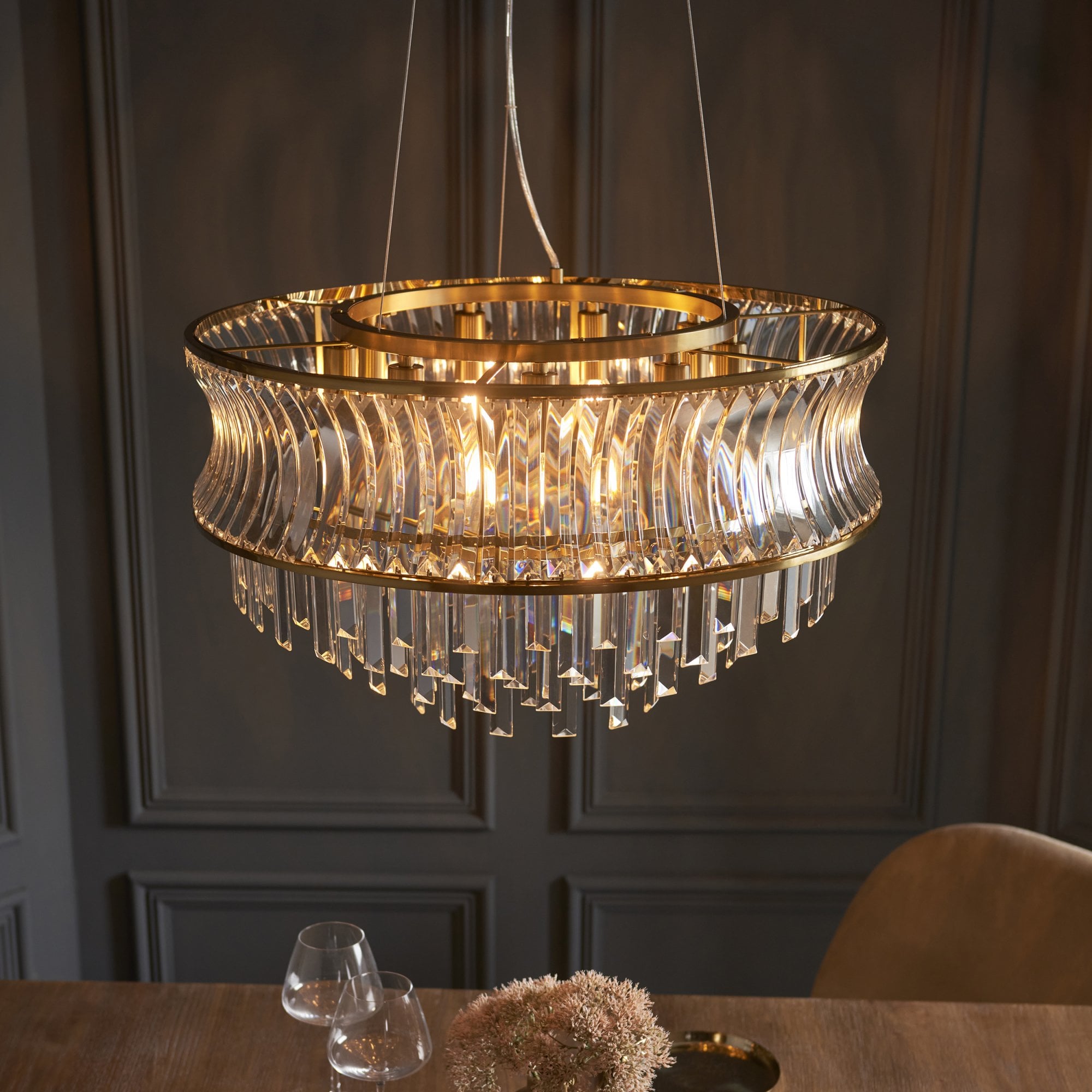 107785 Pendant 9 Light Warm Brass Plate With Crystal And Clear Glass