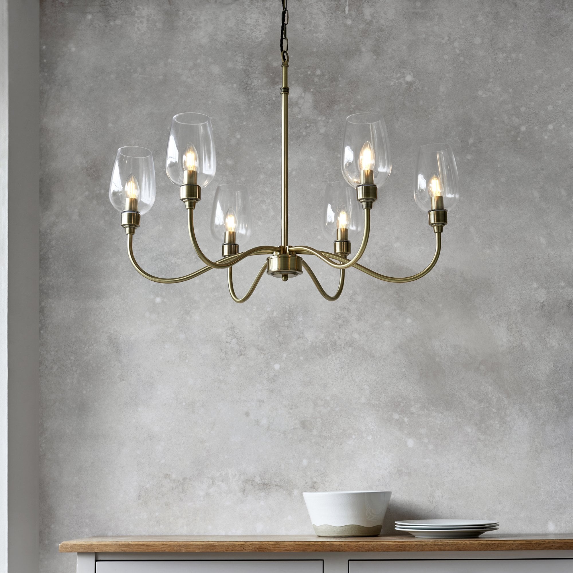 107791 Pendant 6 Light Antique Brass Plate And Clear Glass